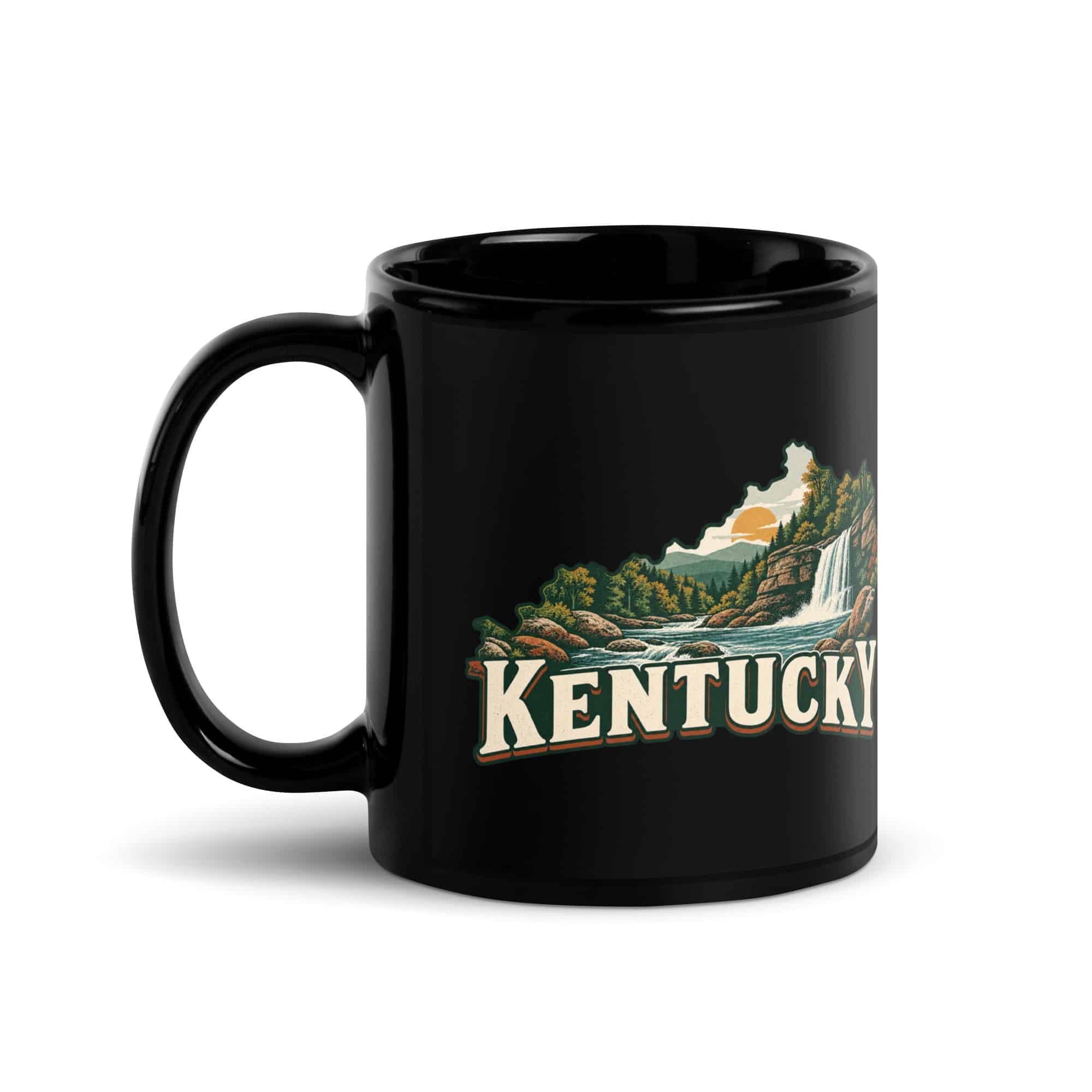 Kentucky Black Coffee Mug: Creek and waterfall, Vintage Kentucky Silhouette