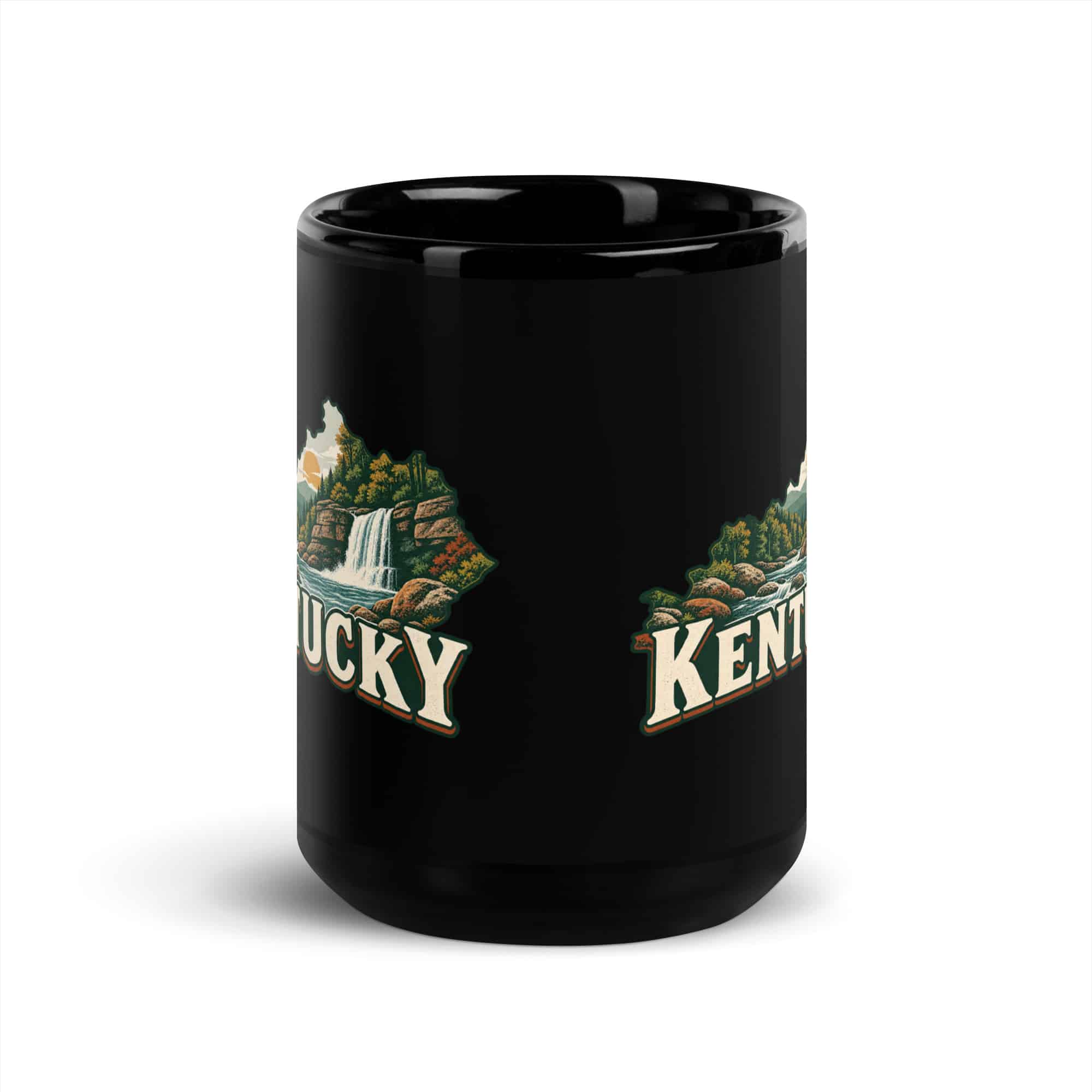 Kentucky Black Coffee Mug: Creek and waterfall, Vintage Kentucky Silhouette