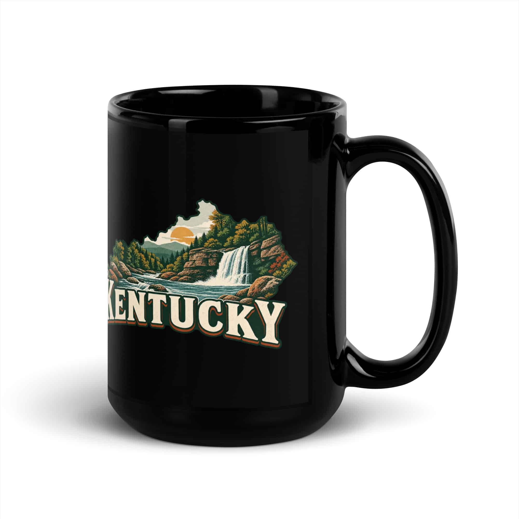 Kentucky Black Coffee Mug: Creek and waterfall, Vintage Kentucky Silhouette