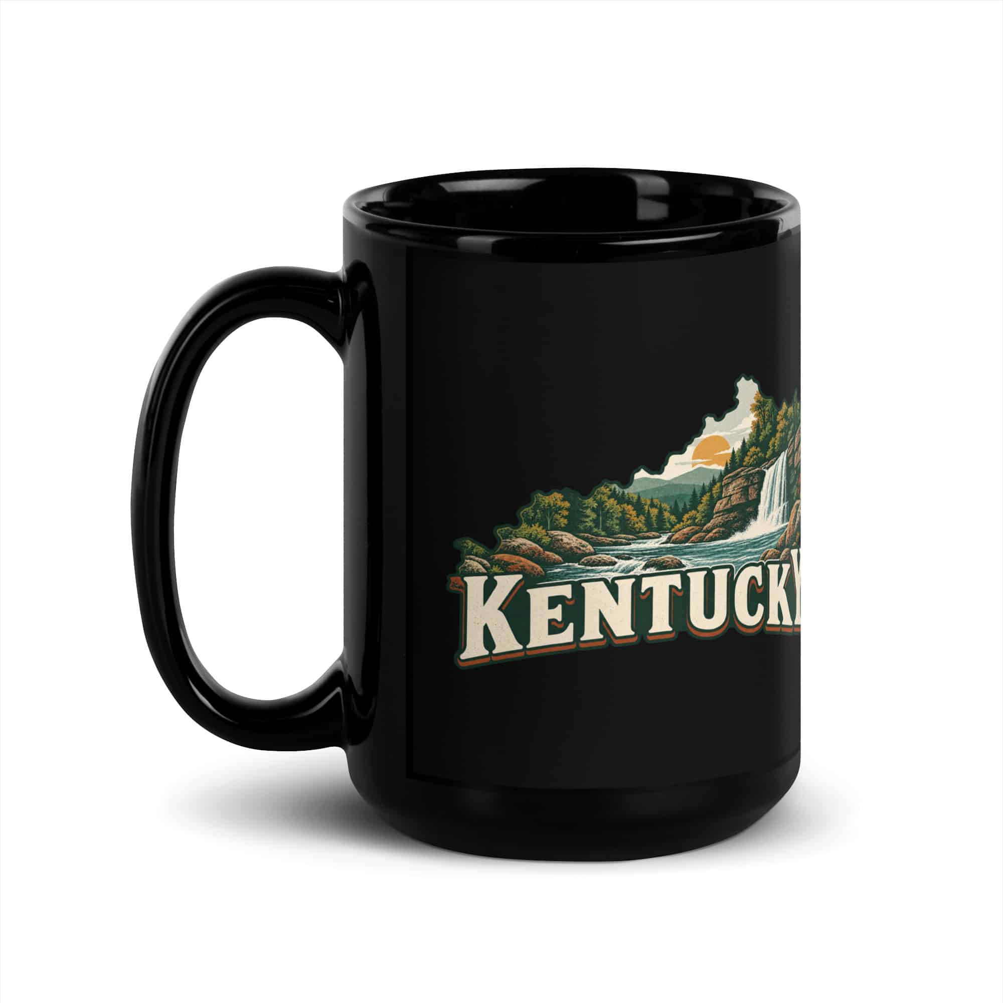 Kentucky Black Coffee Mug: Creek and waterfall, Vintage Kentucky Silhouette