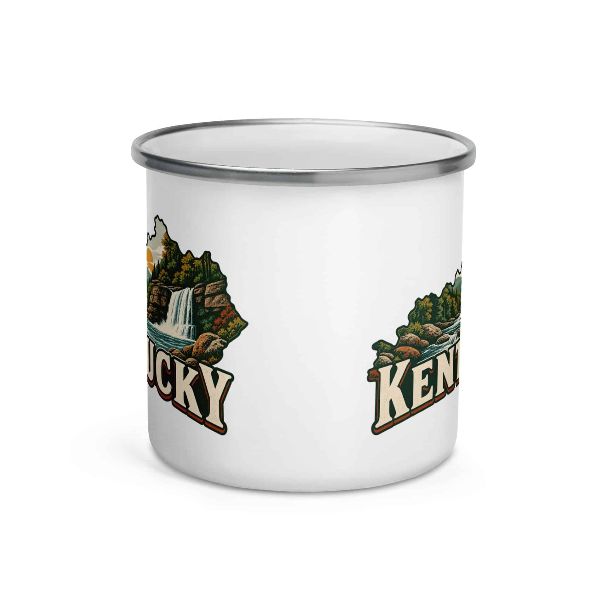 Kentucky Enamel Camp Mug: Creek and waterfall, Vintage Kentucky Silhouette