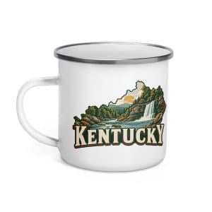 Kentucky Enamel Camp Mug: Creek and waterfall, Vintage Kentucky Silhouette - 12 oz - Left