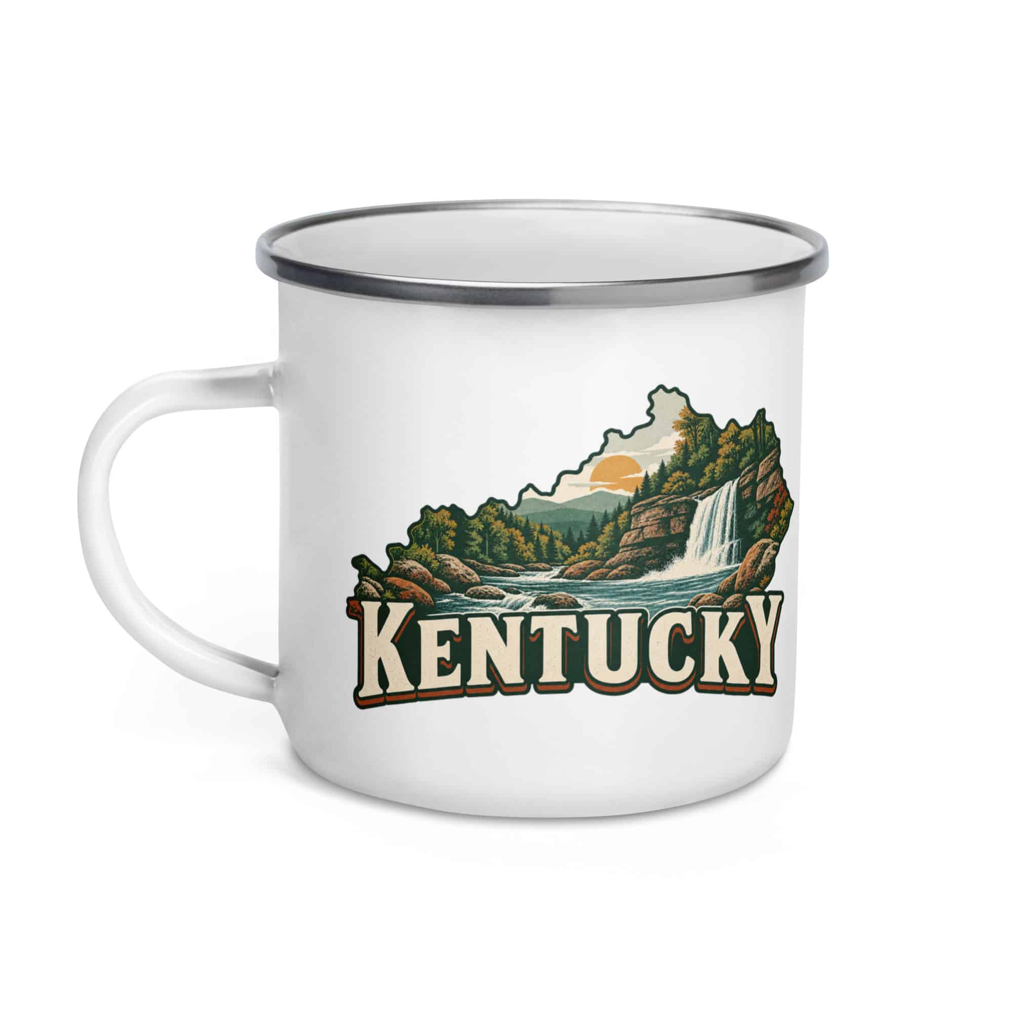 Kentucky Enamel Camp Mug: Creek and waterfall, Vintage Kentucky Silhouette