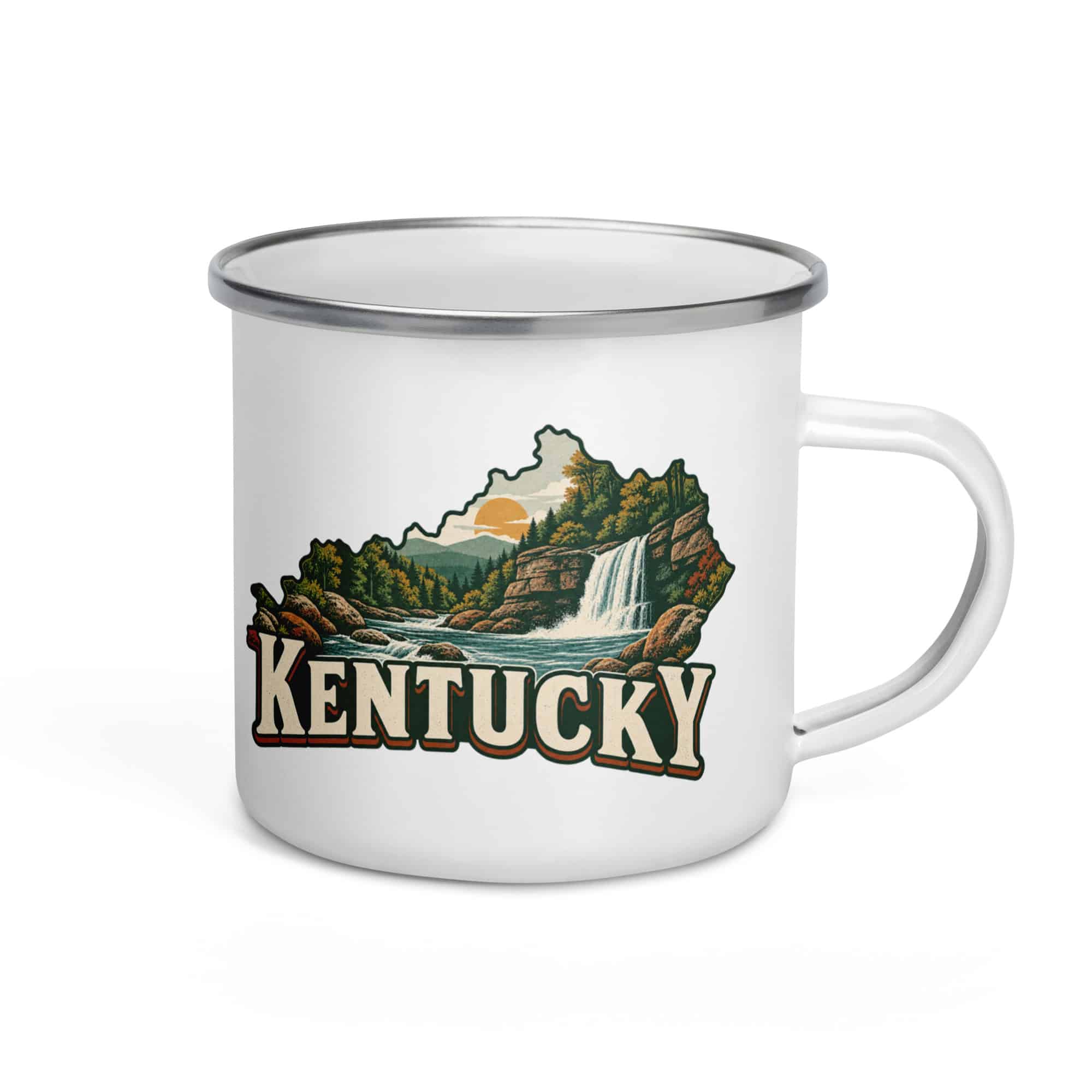 Kentucky Enamel Camp Mug: Creek and waterfall, Vintage Kentucky Silhouette