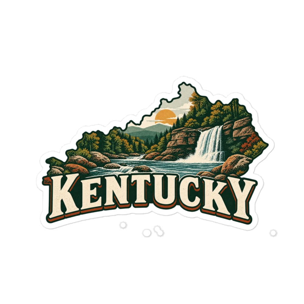 Kentucky Vinyl Sticker: Creek and waterfall, Vintage Kentucky Silhouette