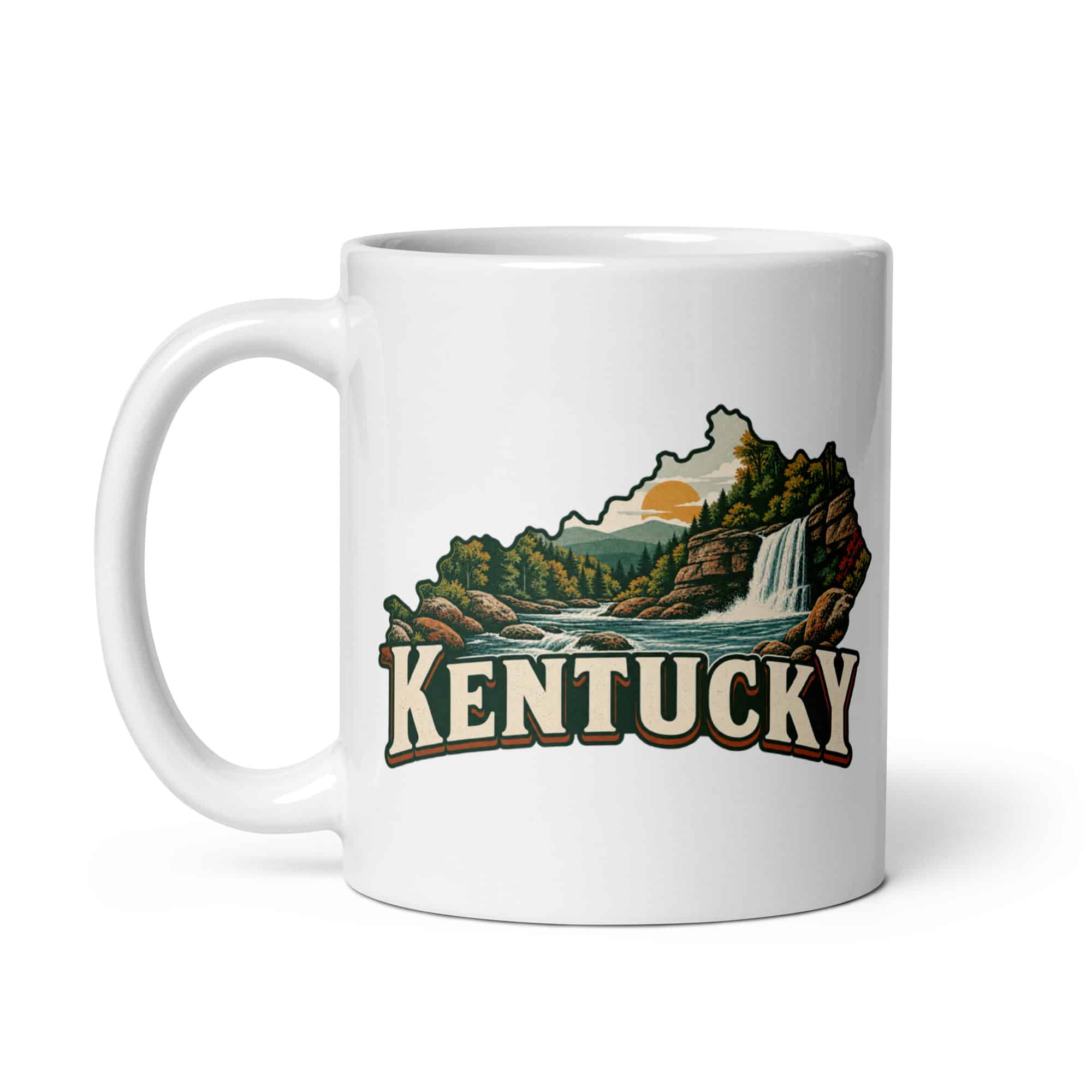 Kentucky White Ceramic Coffee Mug: Creek and waterfall, Vintage Kentucky Silhouette