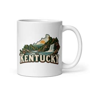 Kentucky White Ceramic Coffee Mug: Creek and waterfall, Vintage Kentucky Silhouette - 11 oz - Main