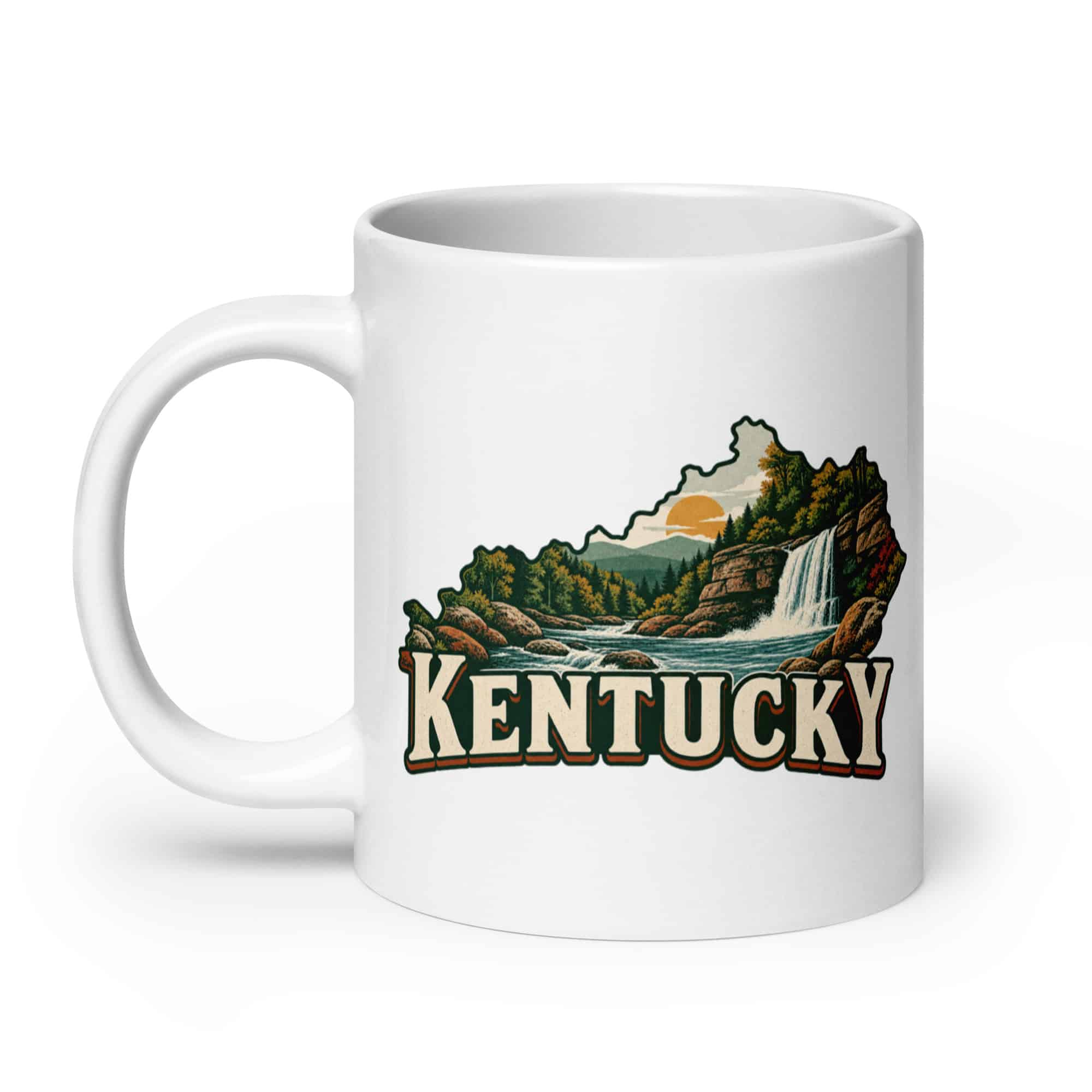 Kentucky White Ceramic Coffee Mug: Creek and waterfall, Vintage Kentucky Silhouette