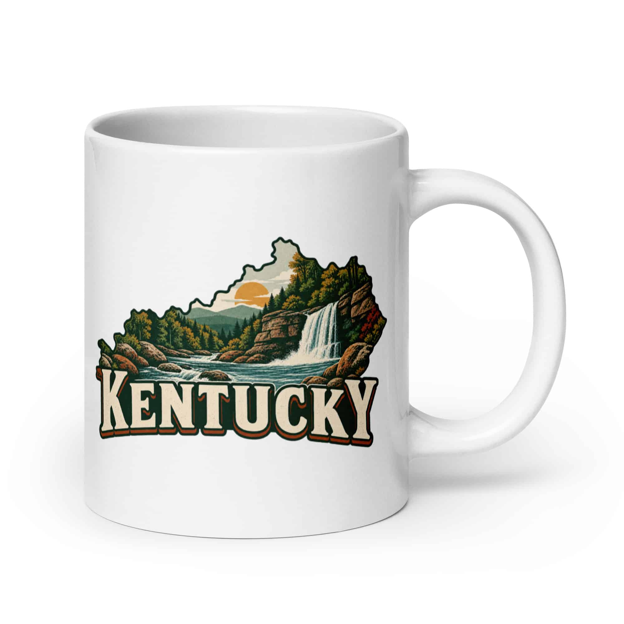 Kentucky White Ceramic Coffee Mug: Creek and waterfall, Vintage Kentucky Silhouette