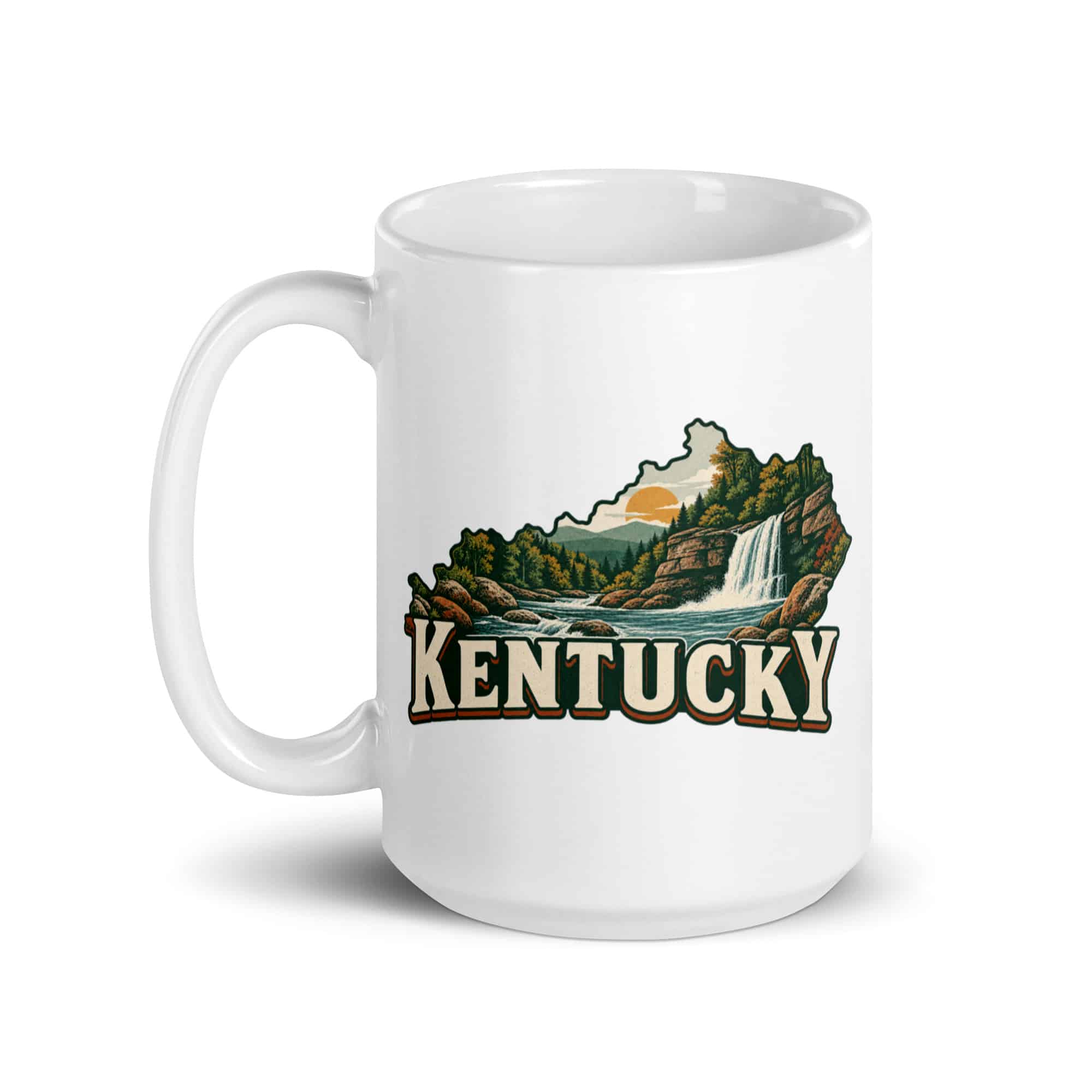 Kentucky White Ceramic Coffee Mug: Creek and waterfall, Vintage Kentucky Silhouette