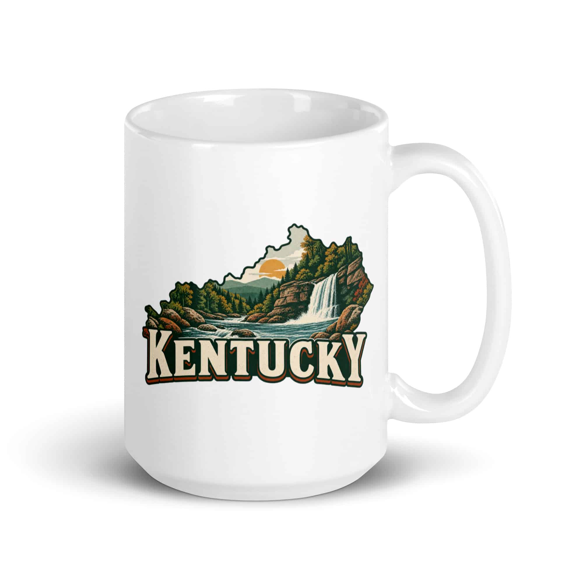 Kentucky White Ceramic Coffee Mug: Creek and waterfall, Vintage Kentucky Silhouette