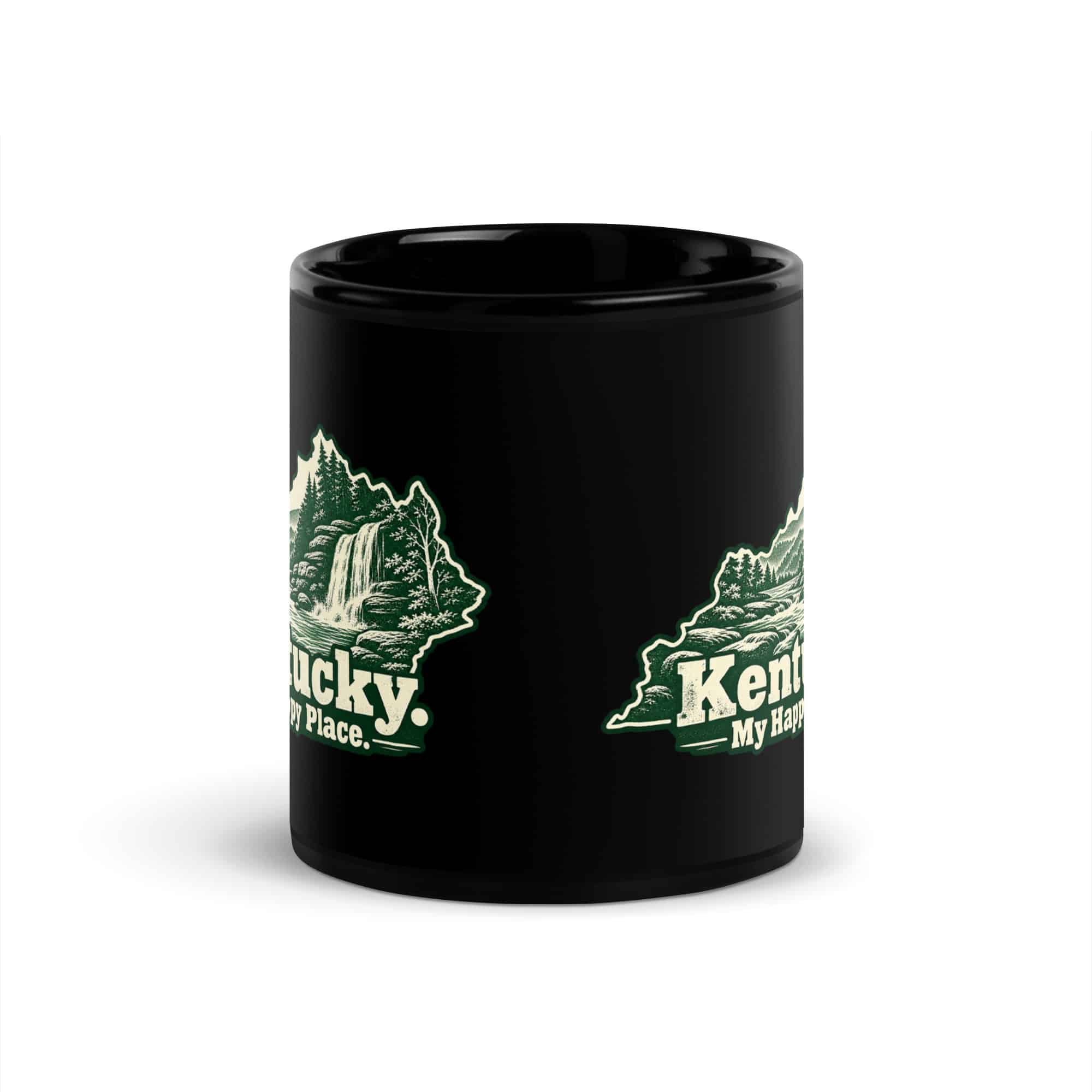 Kentucky Black Coffee Mug: Creek and waterfall, Woodcut Kentucky Silhouette