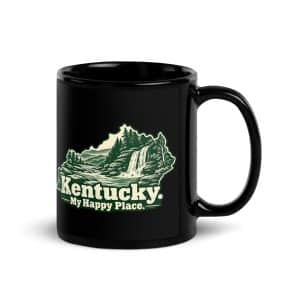 Kentucky Black Coffee Mug: Creek and waterfall, Woodcut Kentucky Silhouette - 11 oz - Handle on Right