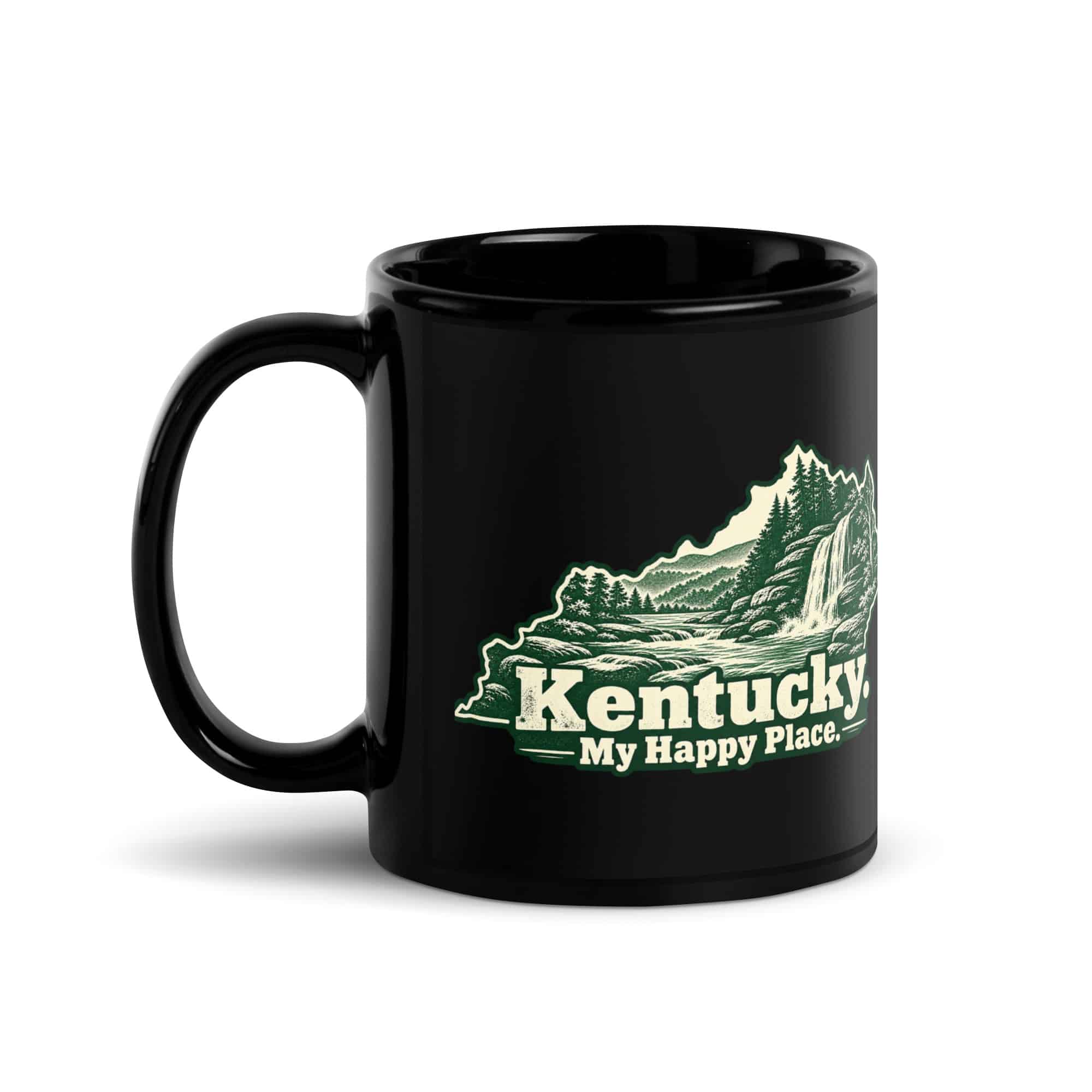 Kentucky Black Coffee Mug: Creek and waterfall, Woodcut Kentucky Silhouette