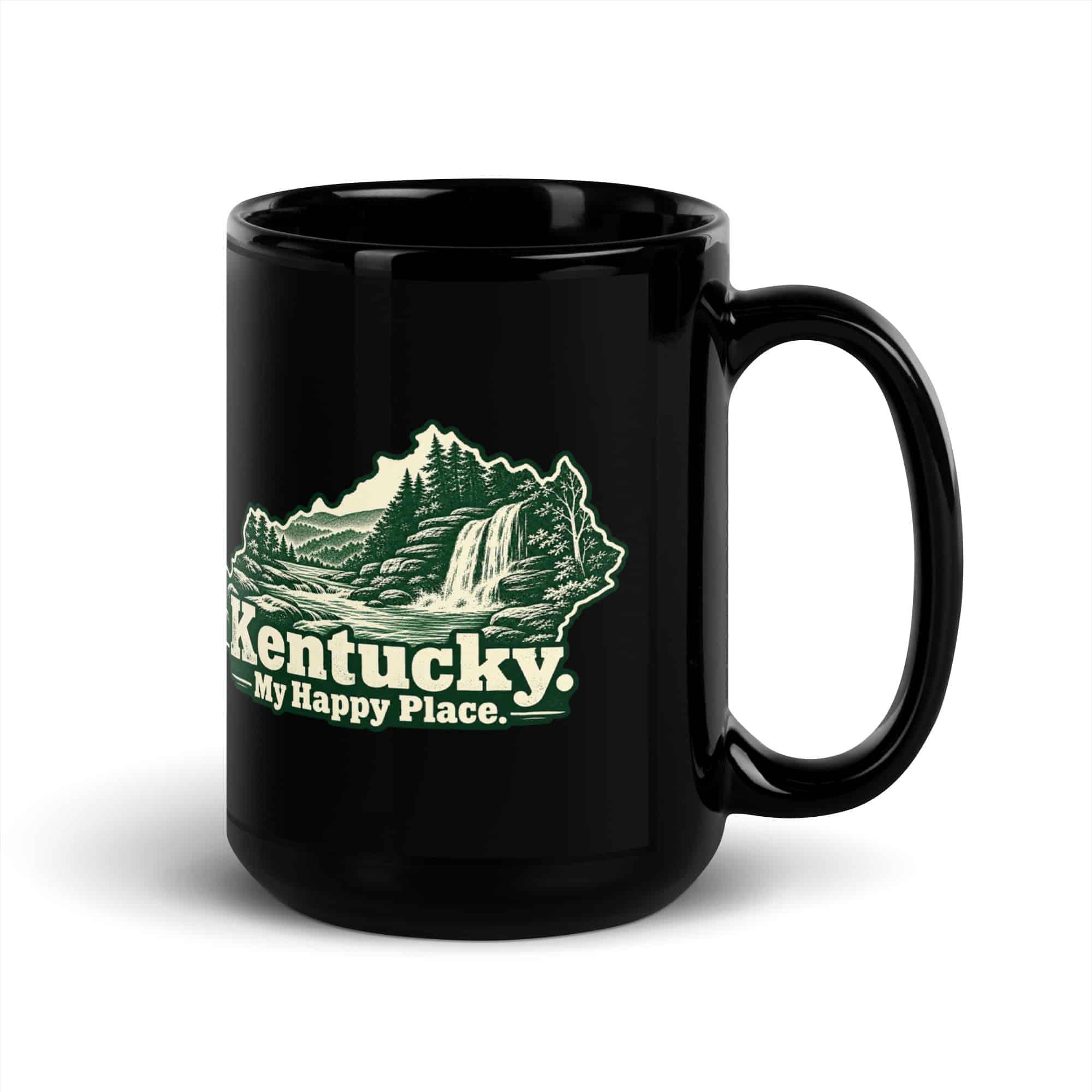 Kentucky Black Coffee Mug: Creek and waterfall, Woodcut Kentucky Silhouette