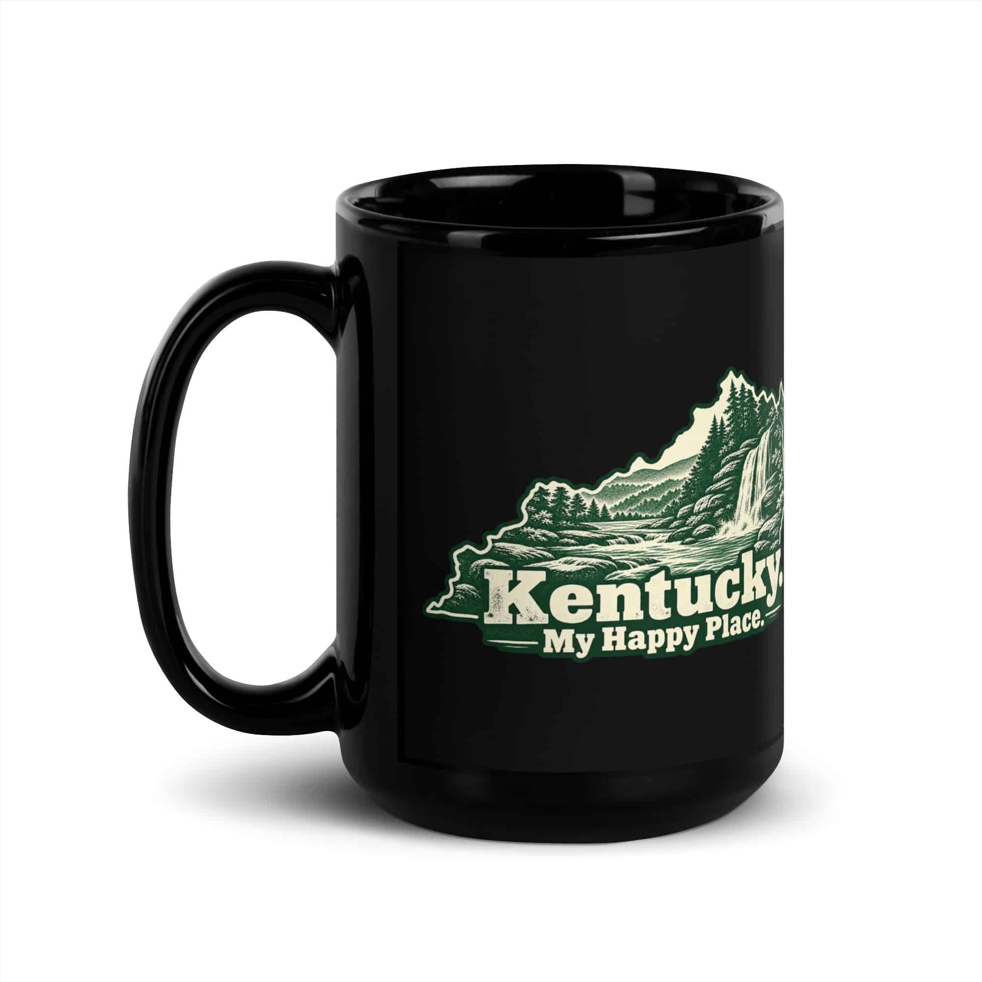 Kentucky Black Coffee Mug: Creek and waterfall, Woodcut Kentucky Silhouette