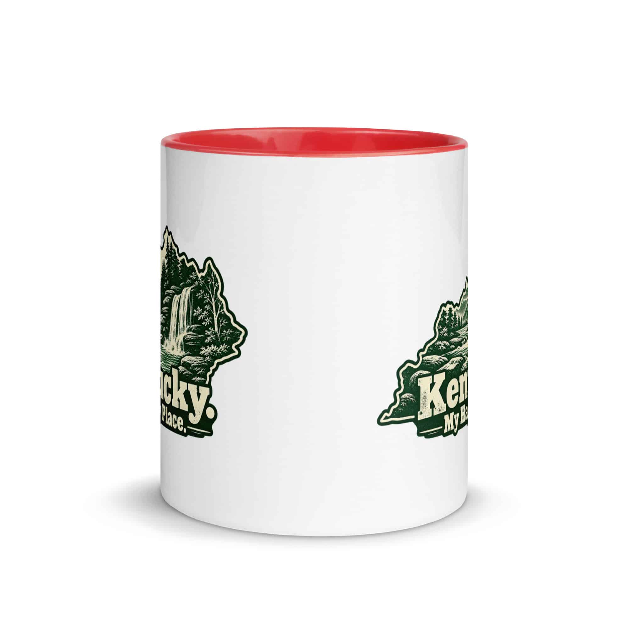 Kentucky Color Inside Coffee Mug: Creek and waterfall, Woodcut Kentucky Silhouette