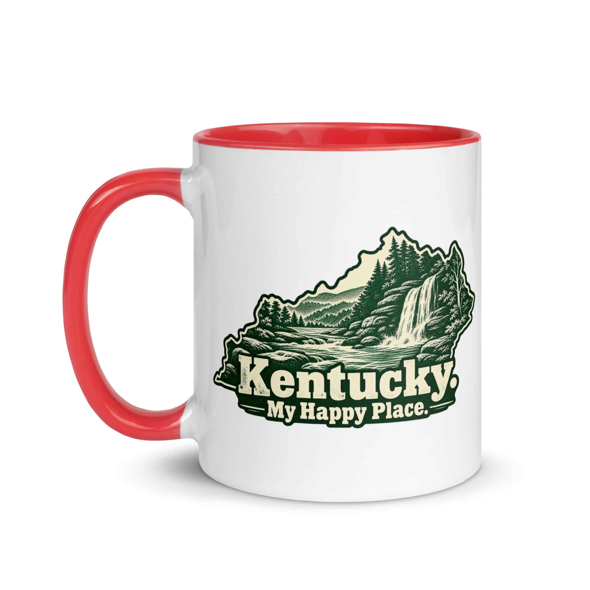 Kentucky Color Inside Coffee Mug: Creek and waterfall, Woodcut Kentucky Silhouette