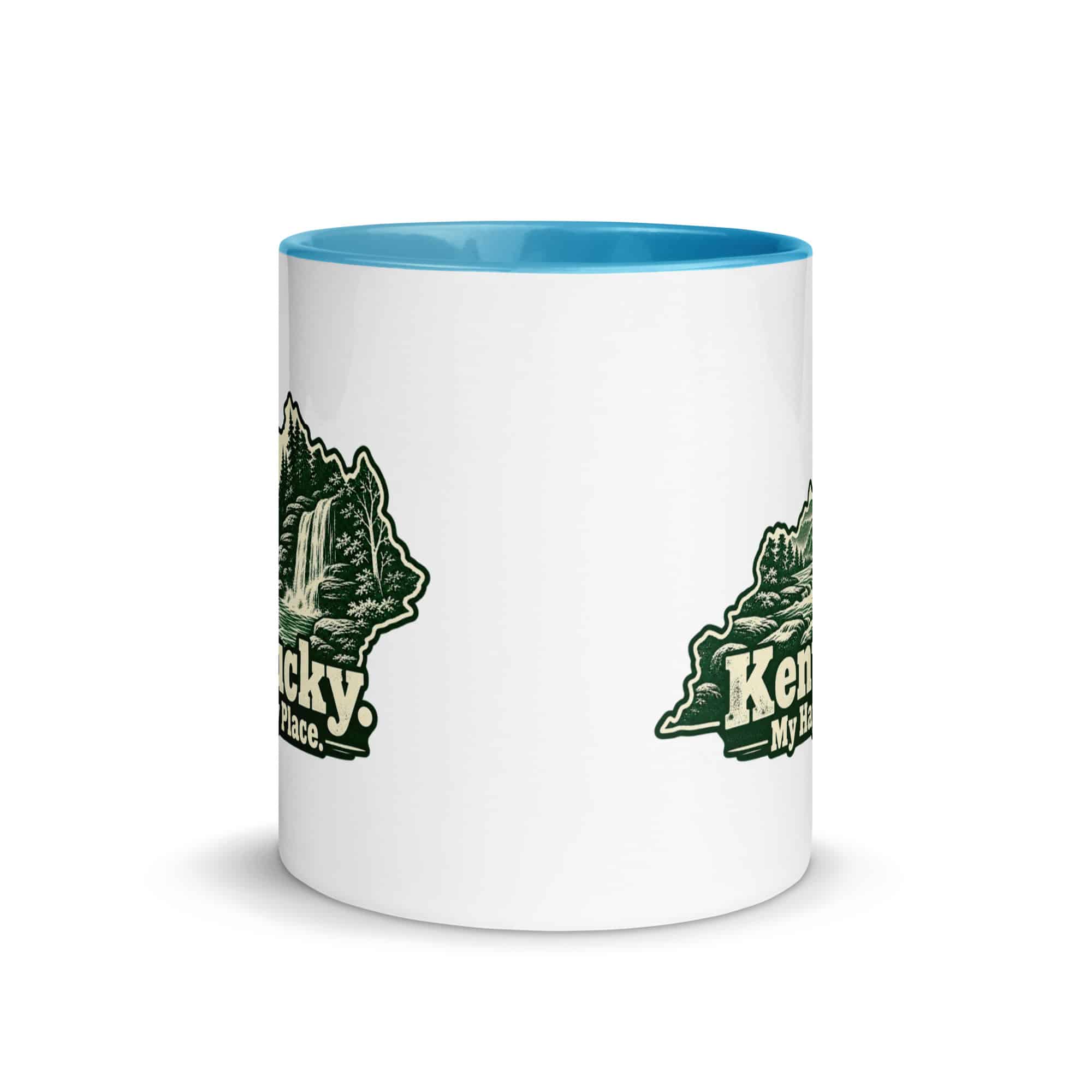 Kentucky Color Inside Coffee Mug: Creek and waterfall, Woodcut Kentucky Silhouette