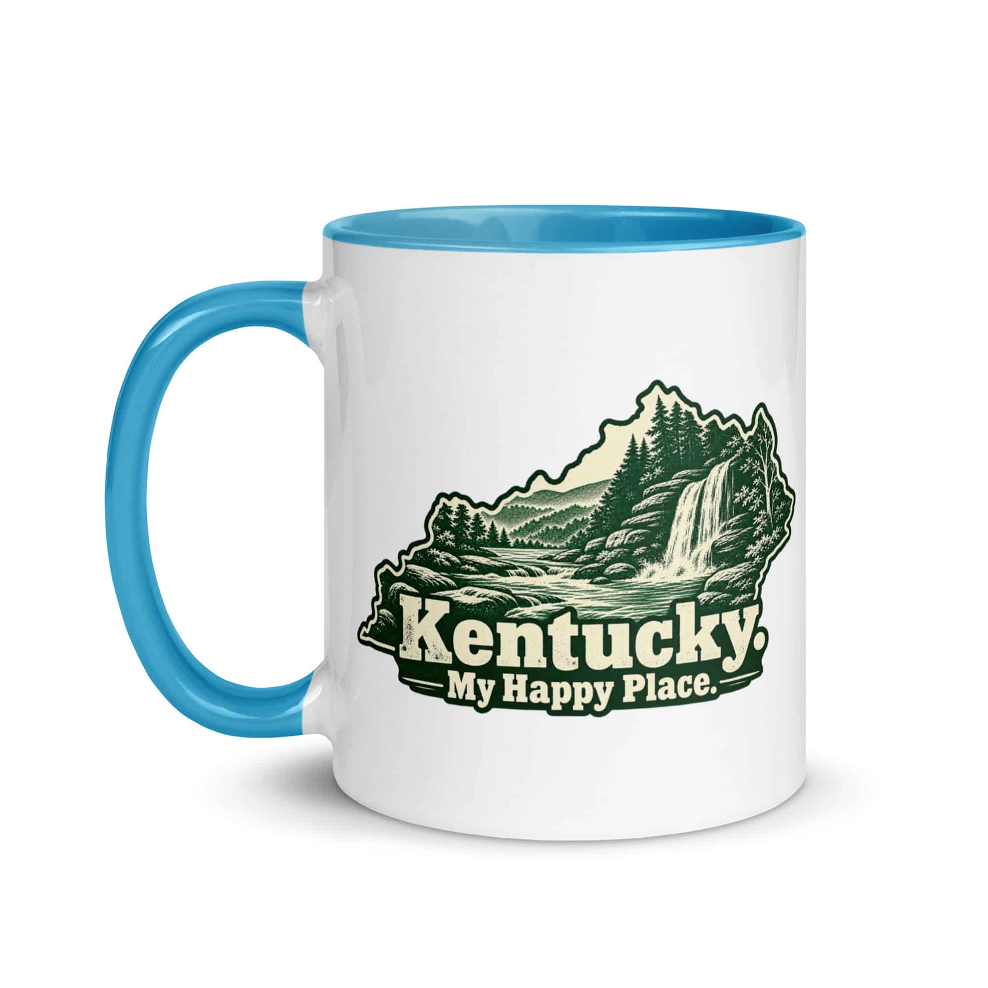 Kentucky Color Inside Coffee Mug: Creek and waterfall, Woodcut Kentucky Silhouette