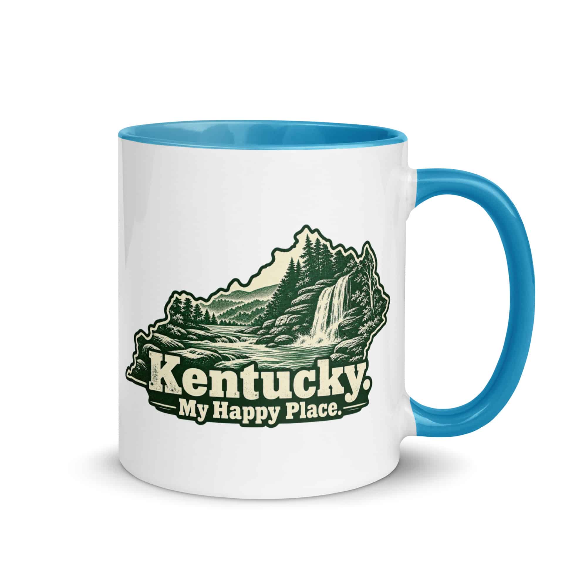 Kentucky Color Inside Coffee Mug: Creek and waterfall, Woodcut Kentucky Silhouette