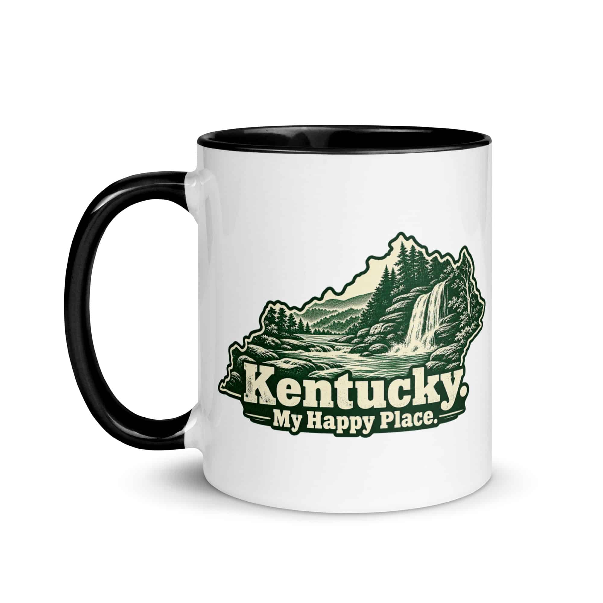 Kentucky Color Inside Coffee Mug: Creek and waterfall, Woodcut Kentucky Silhouette