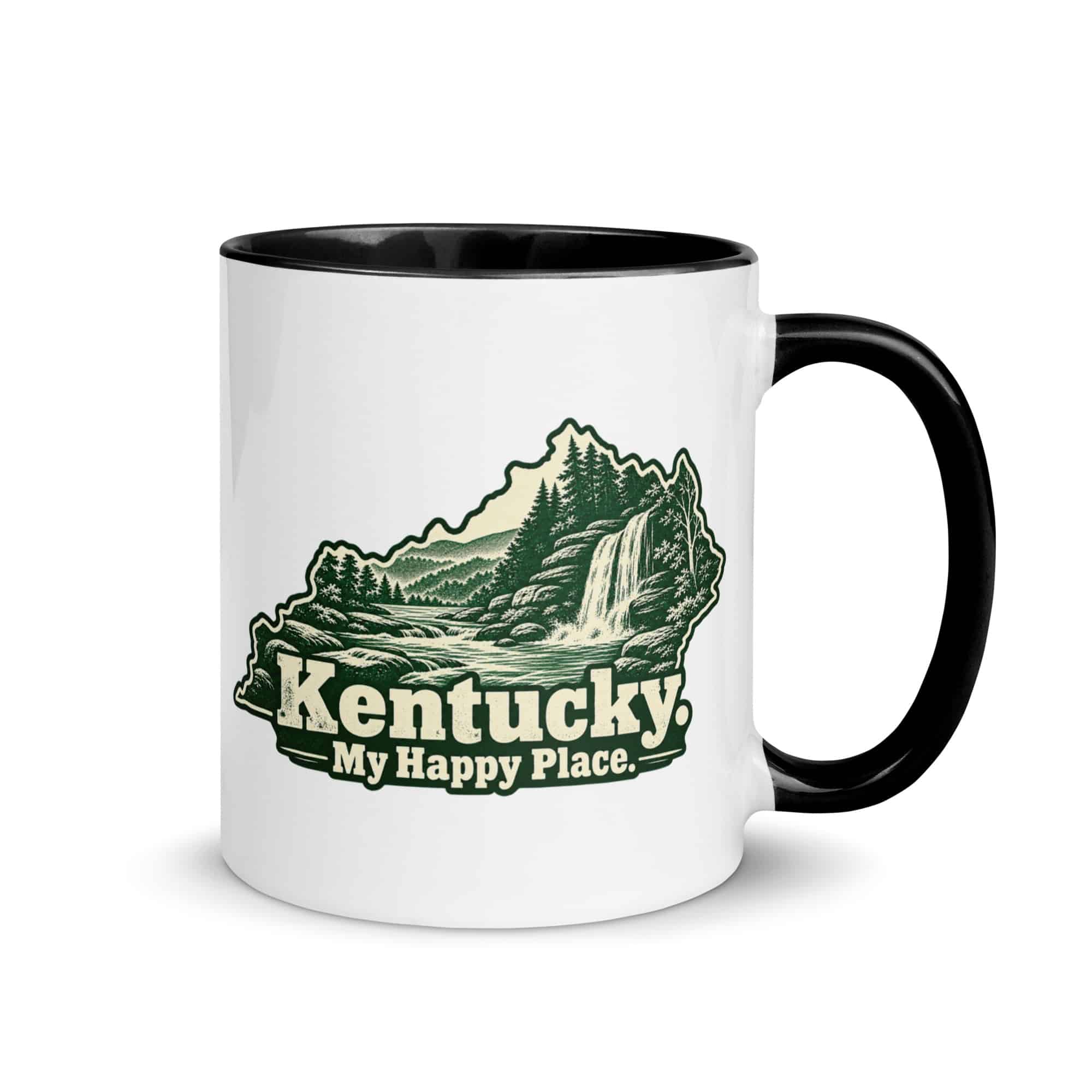 Kentucky Color Inside Coffee Mug: Creek and waterfall, Woodcut Kentucky Silhouette