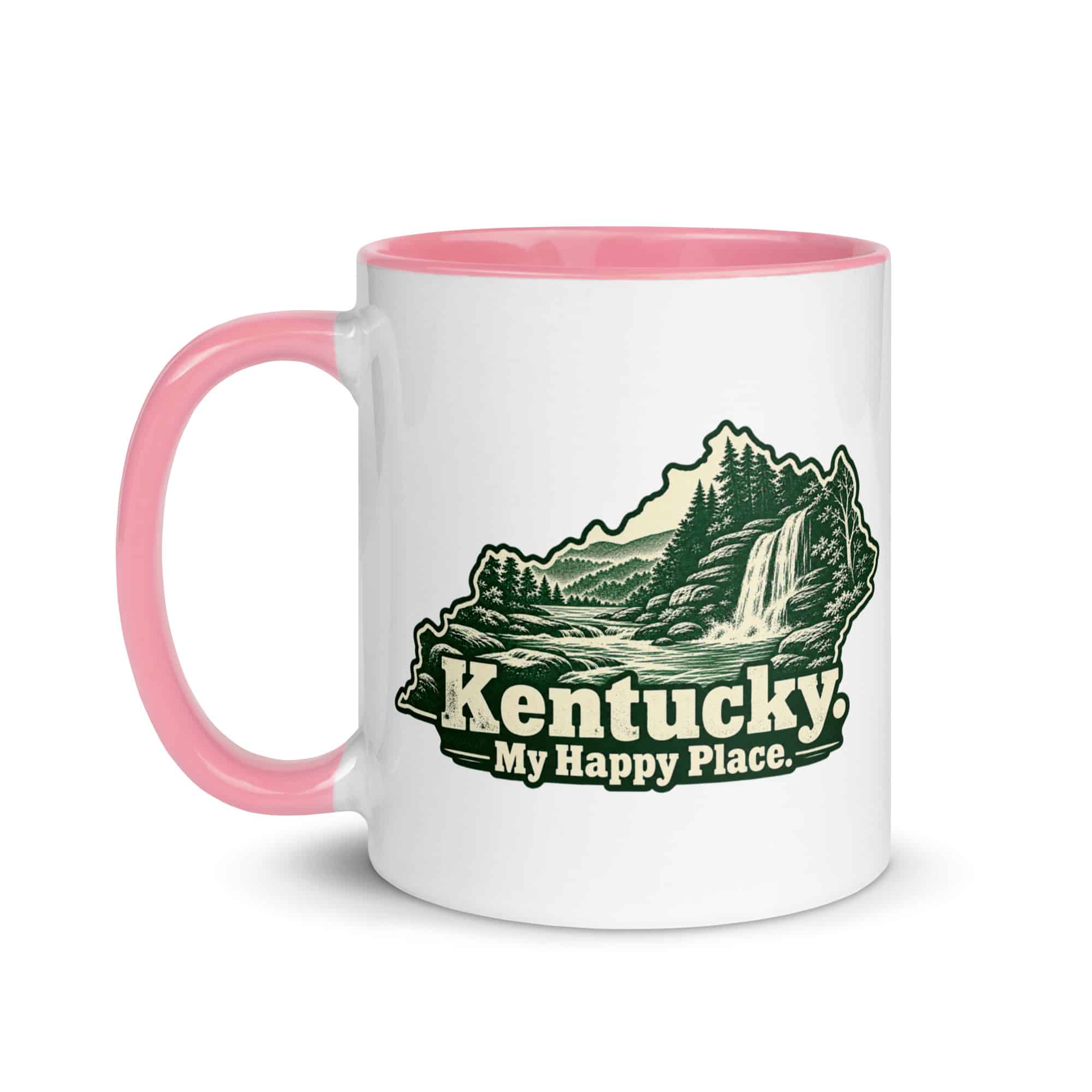 Kentucky Color Inside Coffee Mug: Creek and waterfall, Woodcut Kentucky Silhouette
