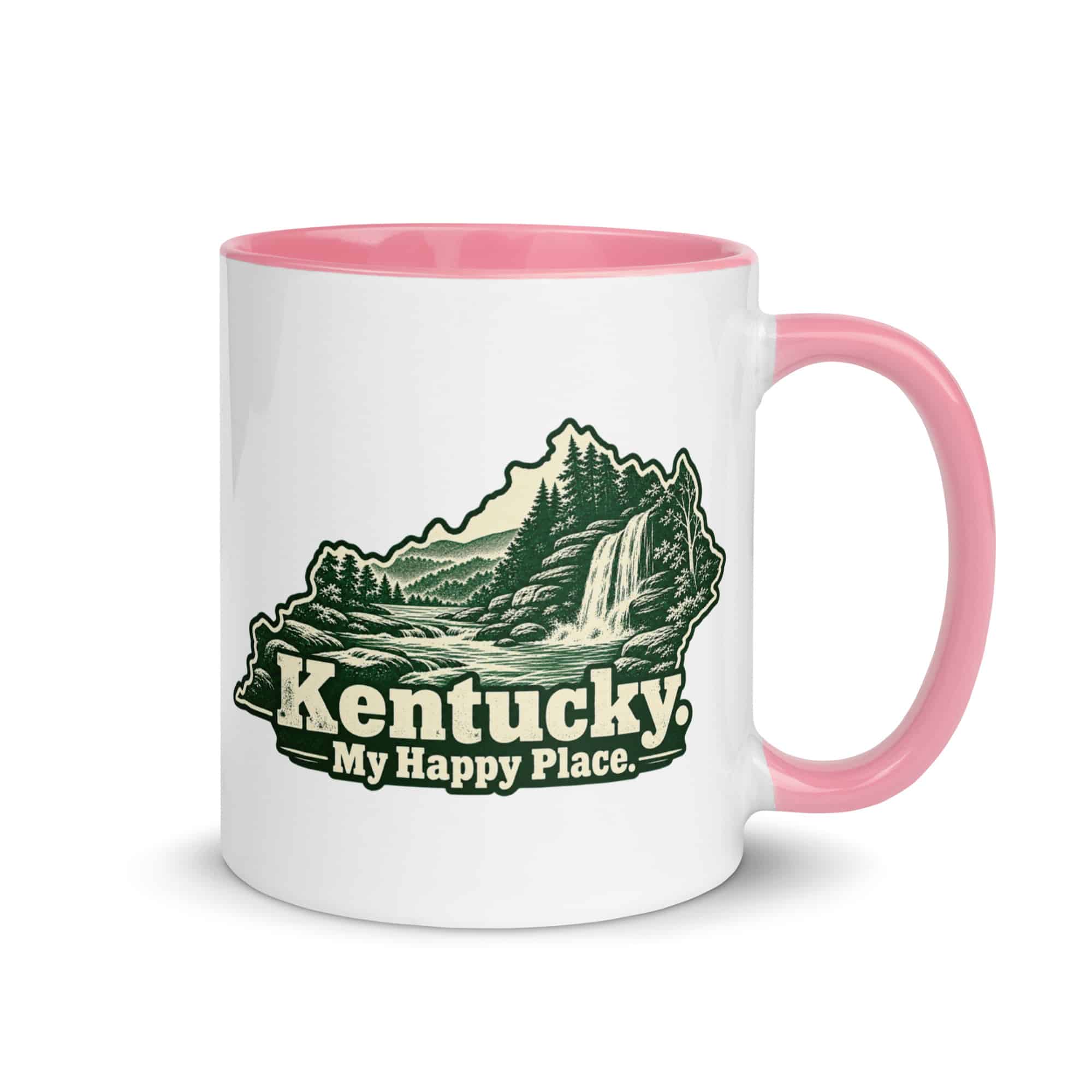 Kentucky Color Inside Coffee Mug: Creek and waterfall, Woodcut Kentucky Silhouette