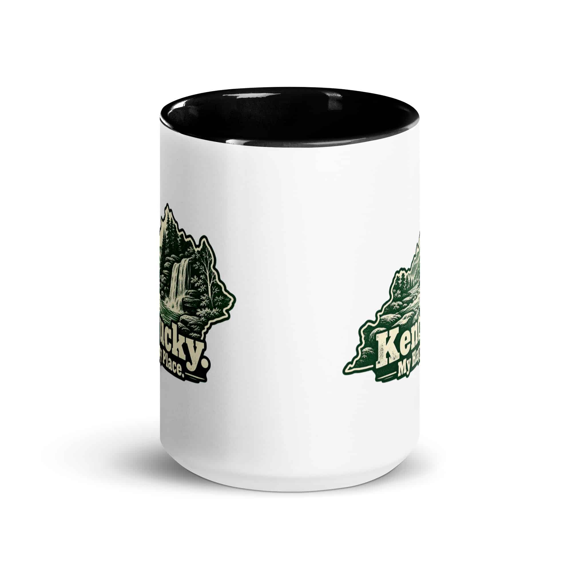 Kentucky Color Inside Coffee Mug: Creek and waterfall, Woodcut Kentucky Silhouette