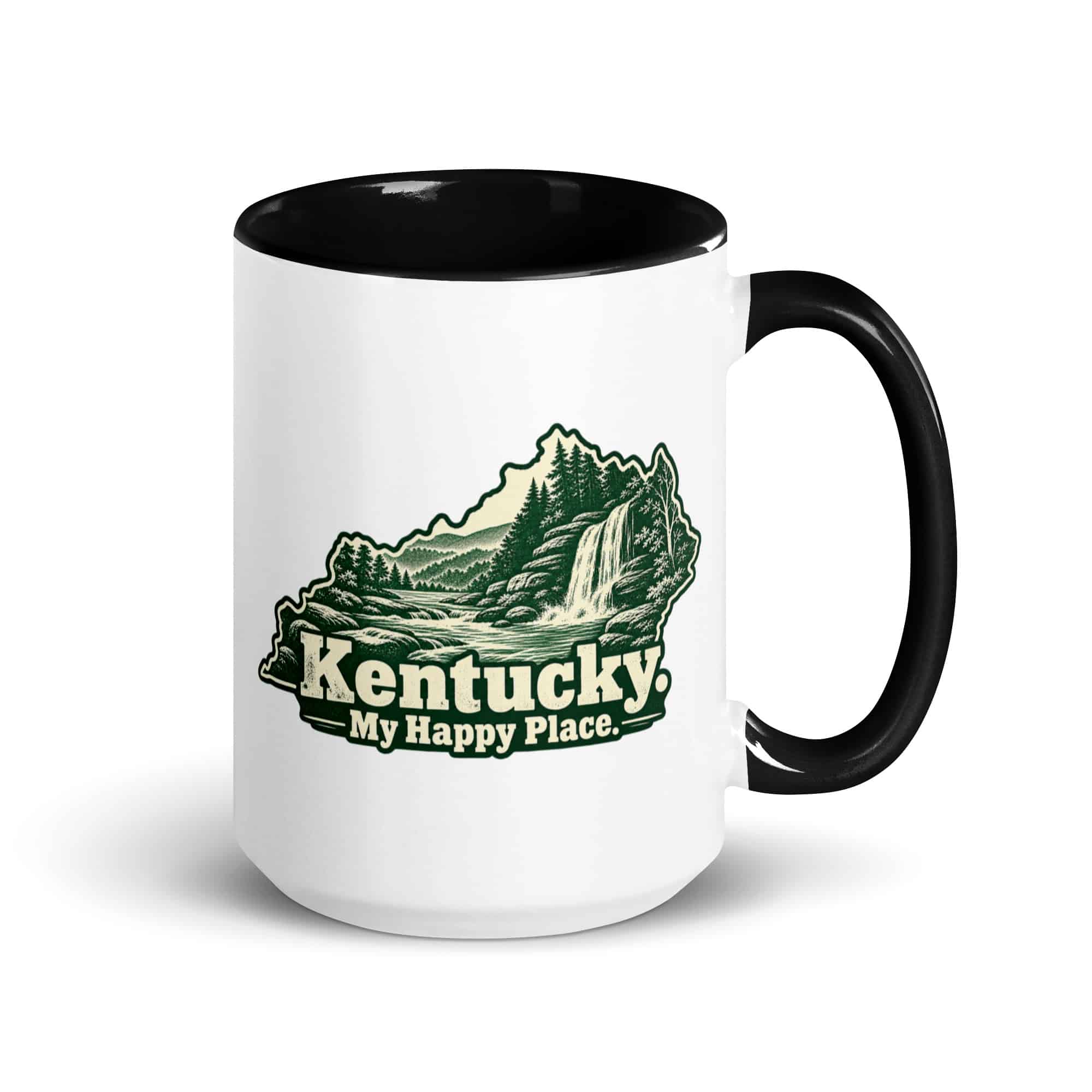 Kentucky Color Inside Coffee Mug: Creek and waterfall, Woodcut Kentucky Silhouette