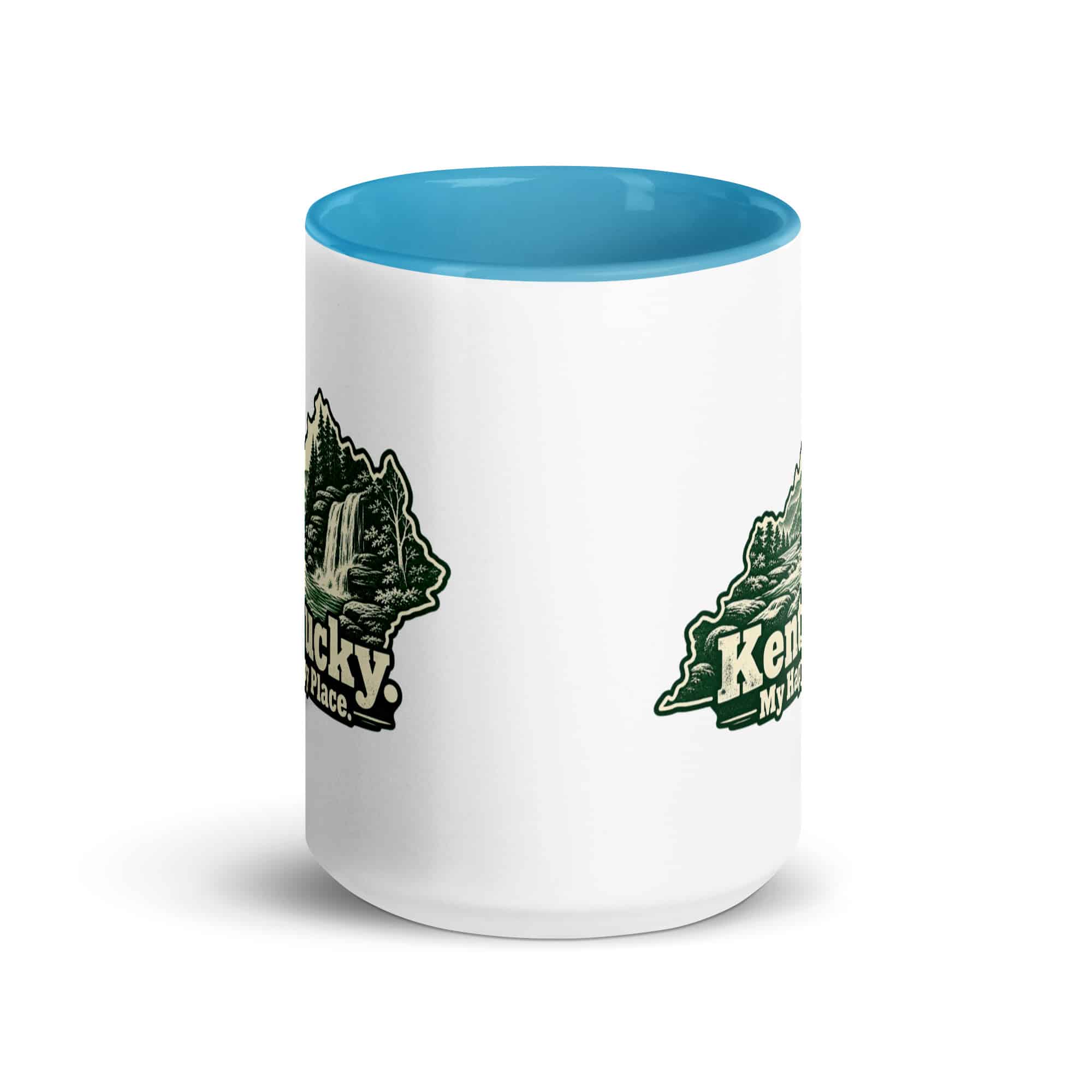 Kentucky Color Inside Coffee Mug: Creek and waterfall, Woodcut Kentucky Silhouette