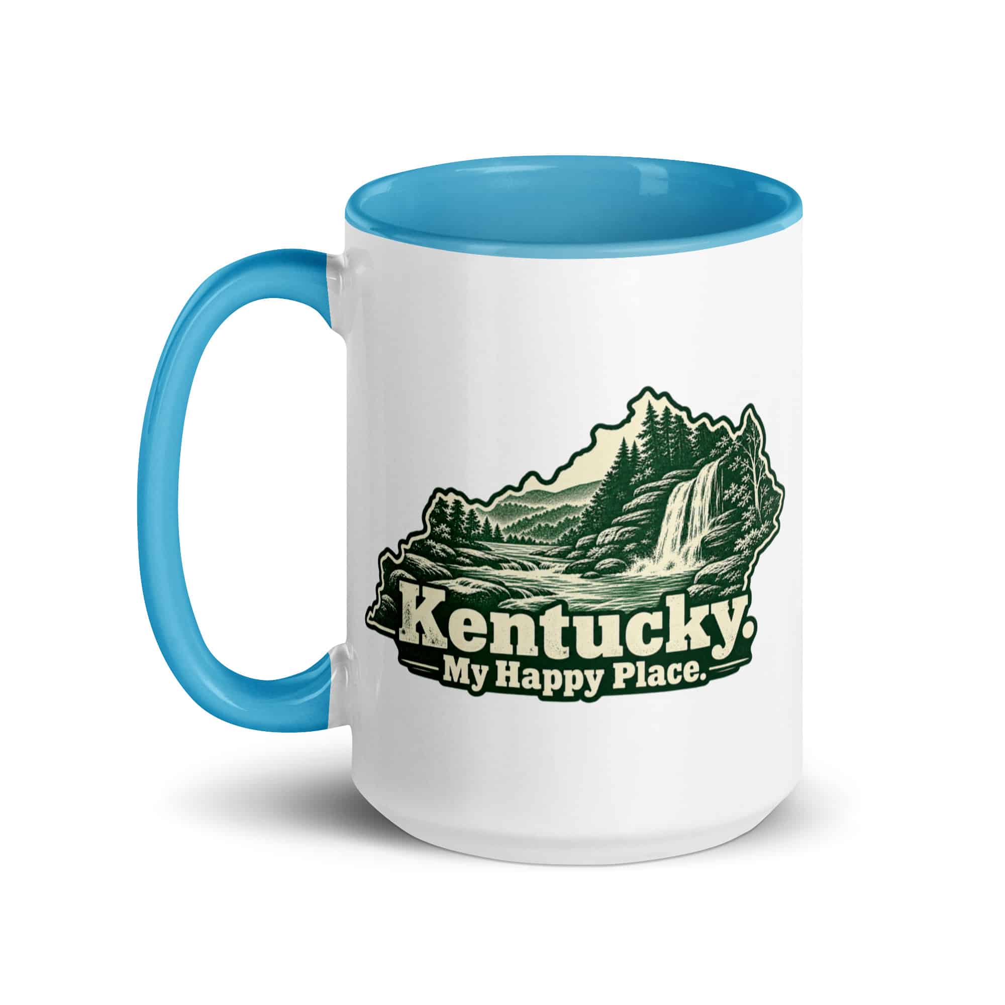 Kentucky Color Inside Coffee Mug: Creek and waterfall, Woodcut Kentucky Silhouette