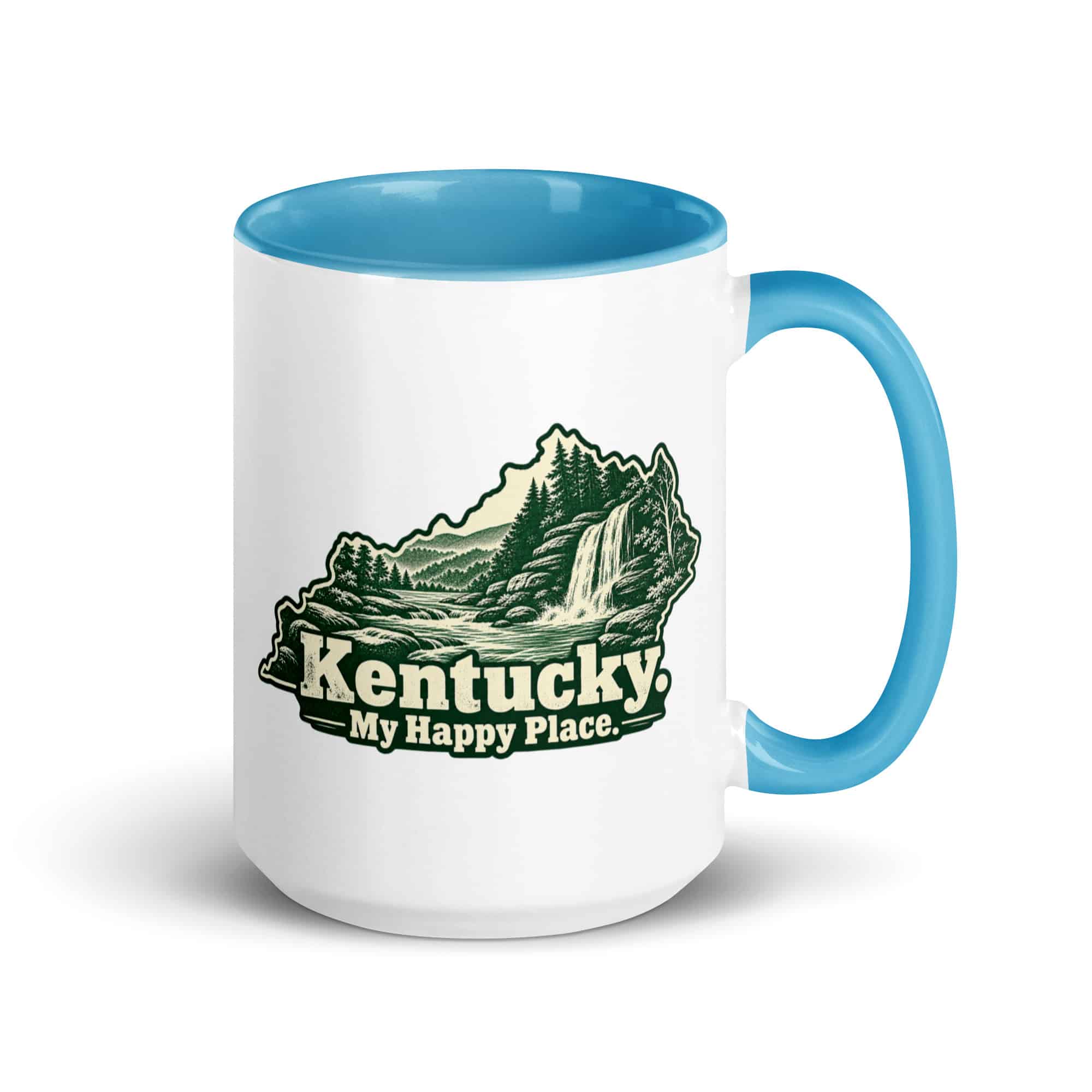 Kentucky Color Inside Coffee Mug: Creek and waterfall, Woodcut Kentucky Silhouette
