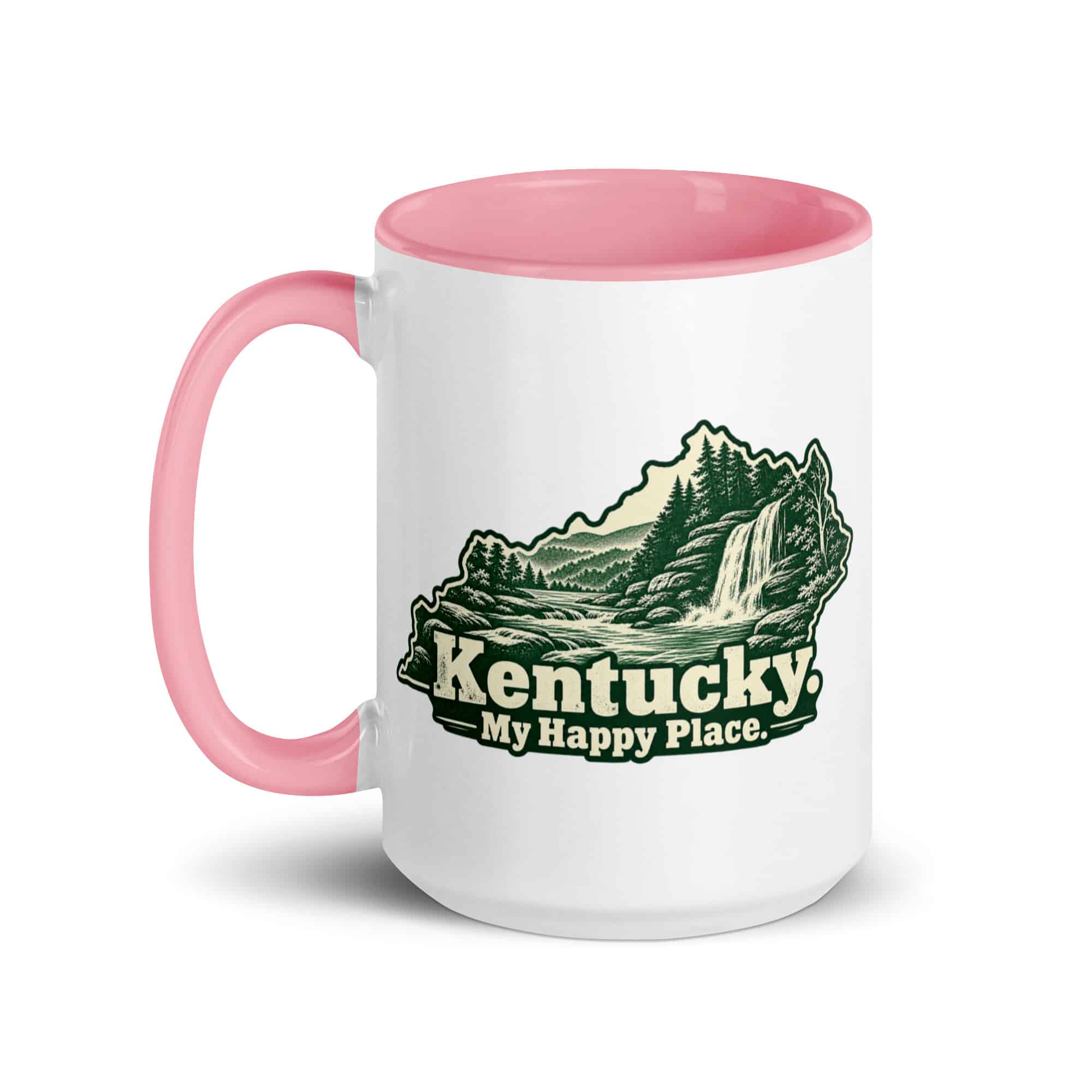 Kentucky Color Inside Coffee Mug: Creek and waterfall, Woodcut Kentucky Silhouette