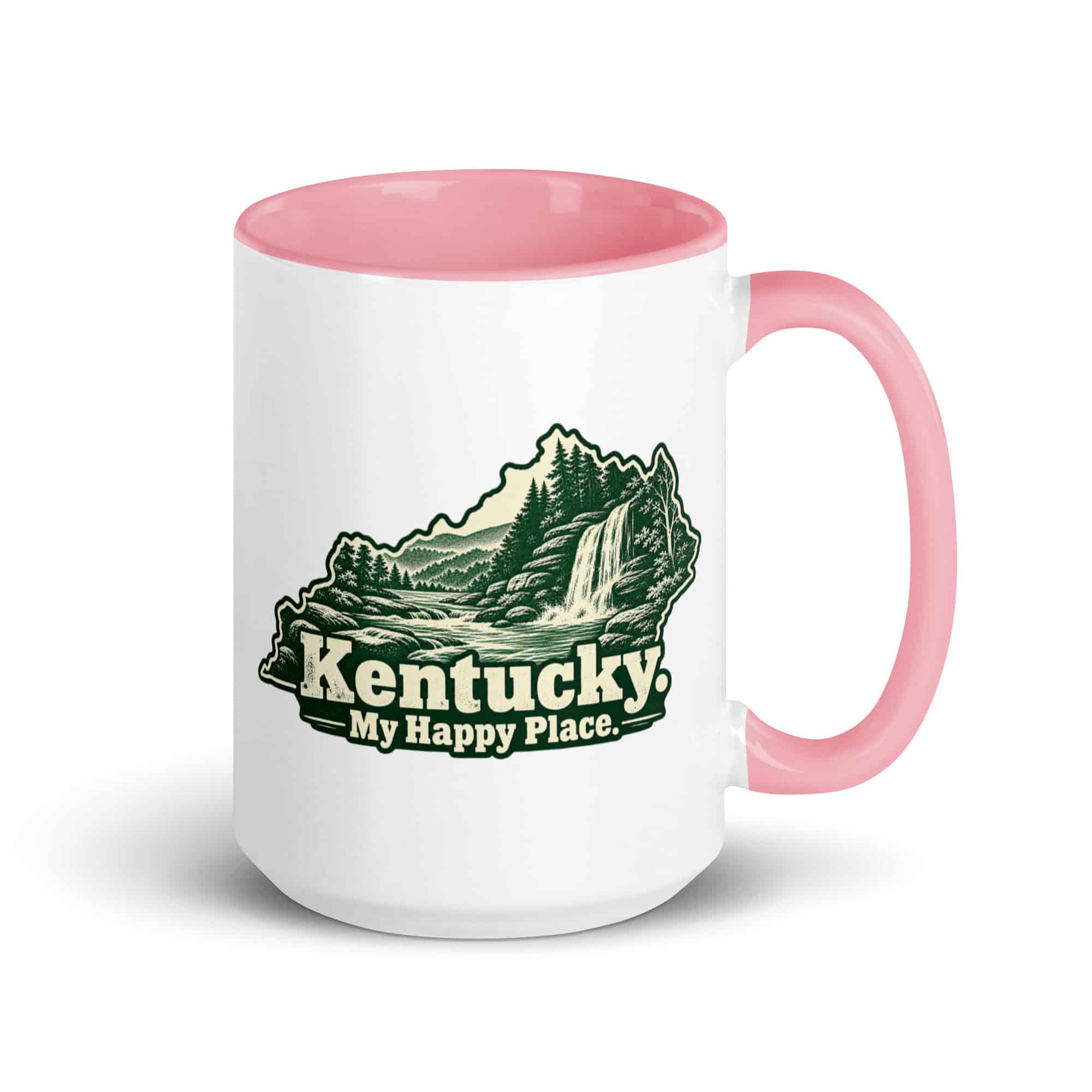 Kentucky Color Inside Coffee Mug: Creek and waterfall, Woodcut Kentucky Silhouette