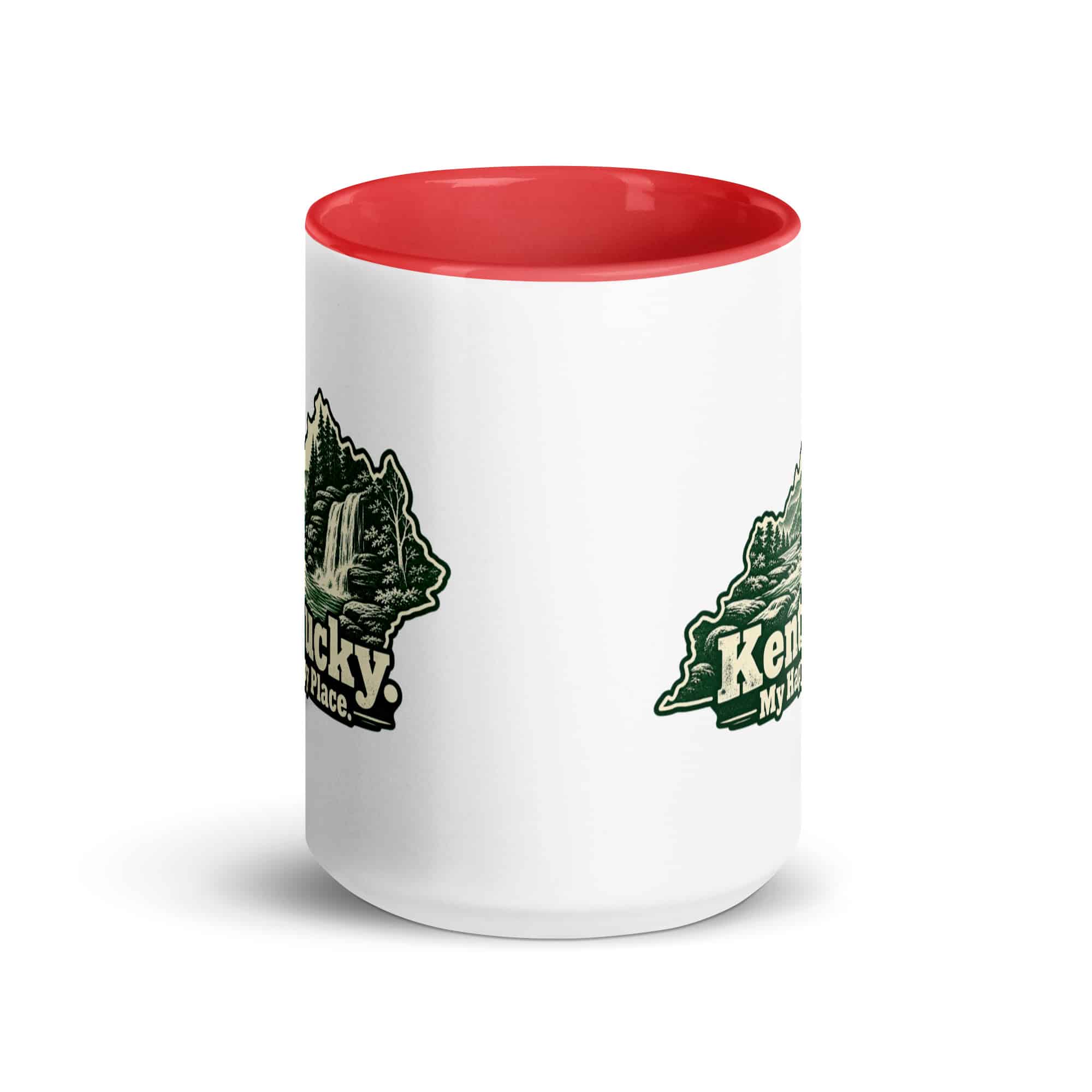 Kentucky Color Inside Coffee Mug: Creek and waterfall, Woodcut Kentucky Silhouette