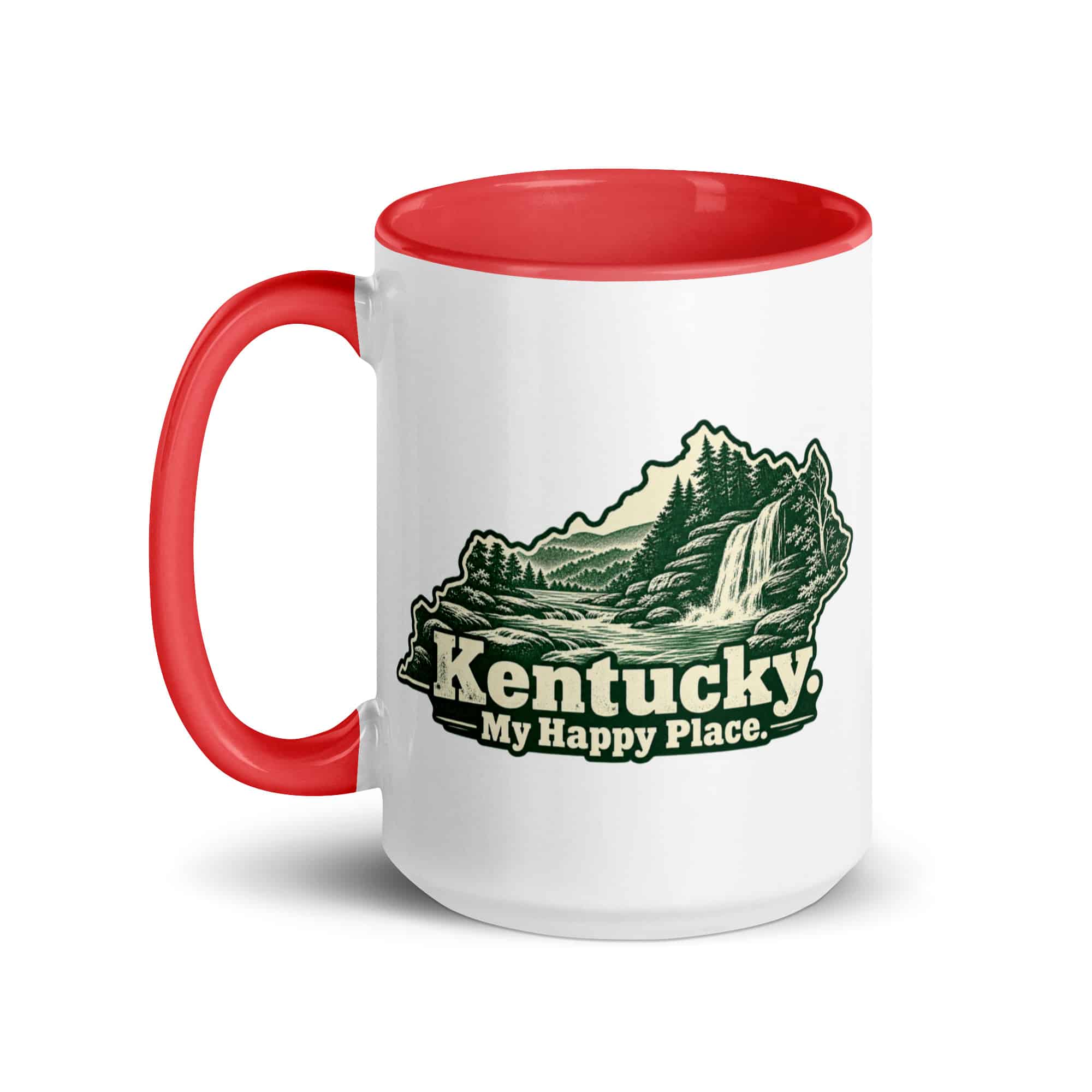 Kentucky Color Inside Coffee Mug: Creek and waterfall, Woodcut Kentucky Silhouette