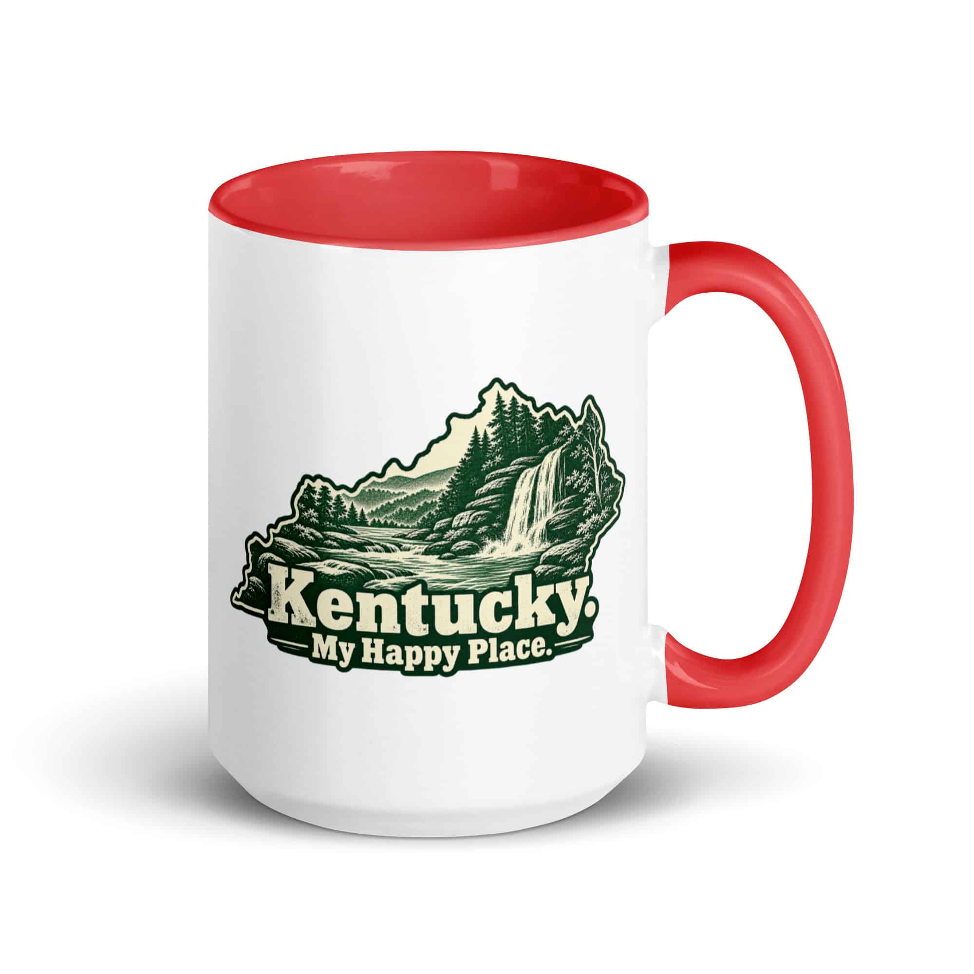 Kentucky Color Inside Coffee Mug: Creek and waterfall, Woodcut Kentucky Silhouette
