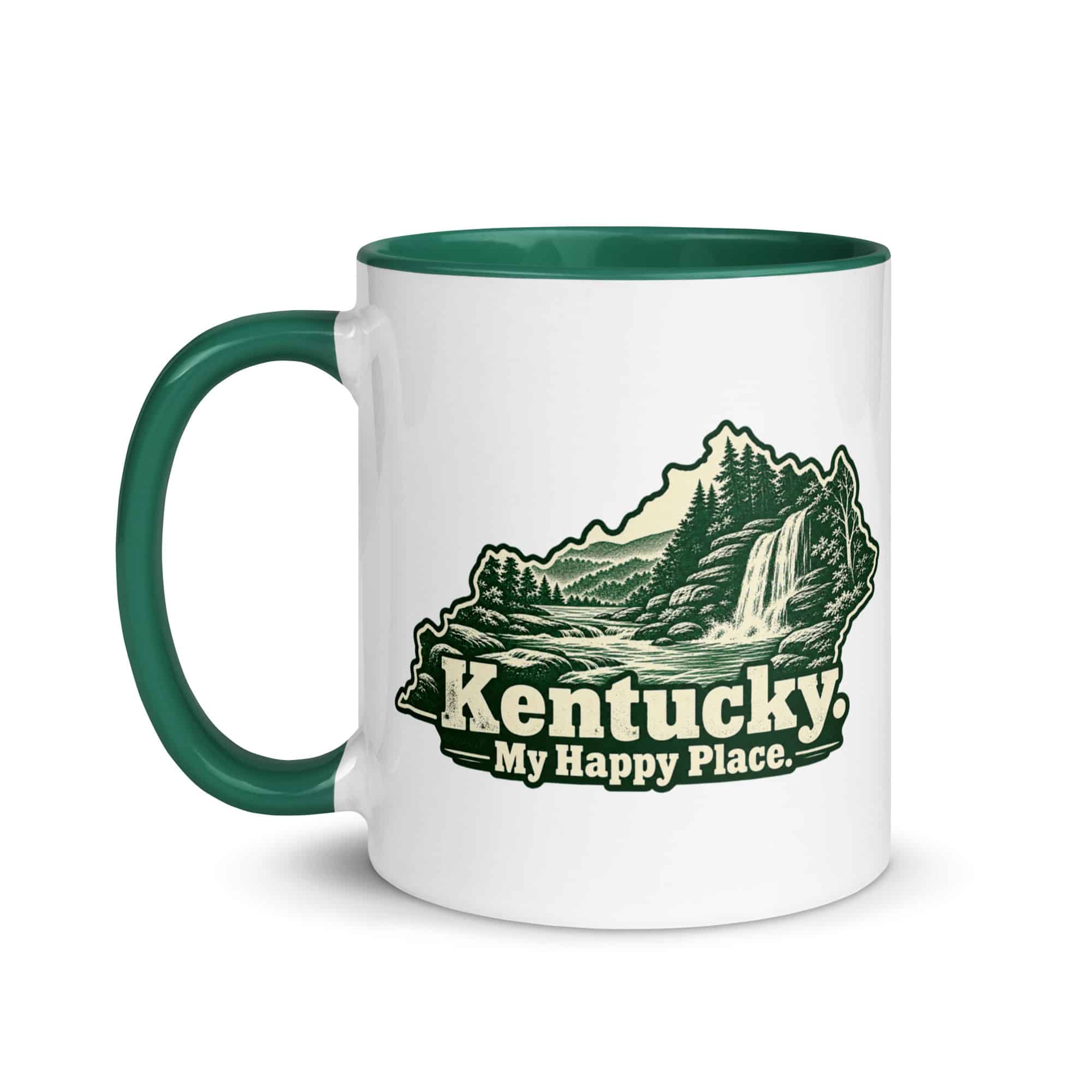 Kentucky Color Inside Coffee Mug: Creek and waterfall, Woodcut Kentucky Silhouette