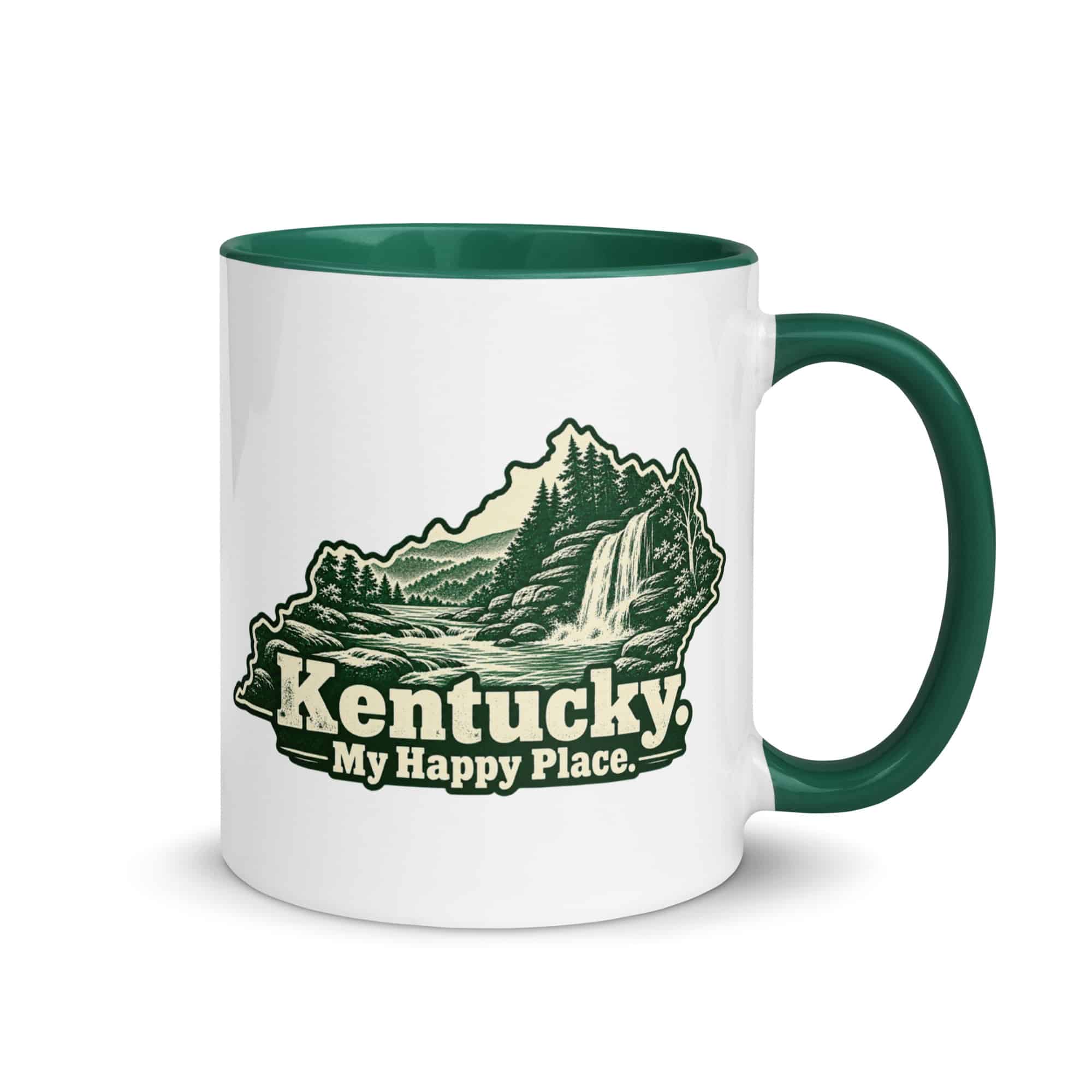 Kentucky Color Inside Coffee Mug: Creek and waterfall, Woodcut Kentucky Silhouette