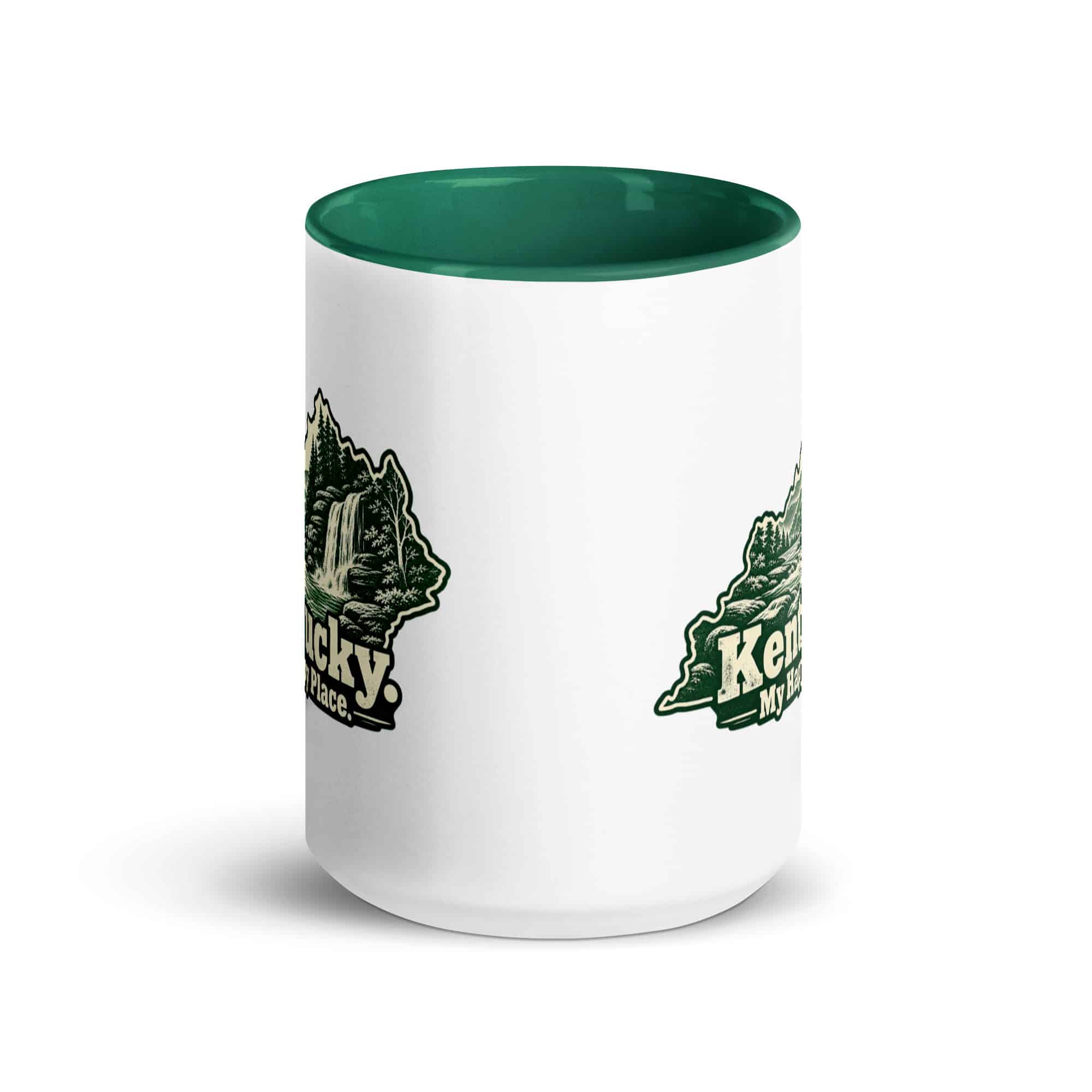 Kentucky Color Inside Coffee Mug: Creek and waterfall, Woodcut Kentucky Silhouette