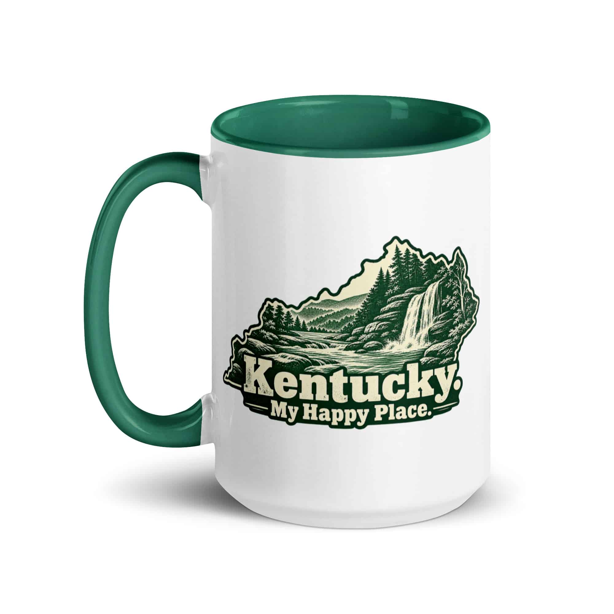 Kentucky Color Inside Coffee Mug: Creek and waterfall, Woodcut Kentucky Silhouette