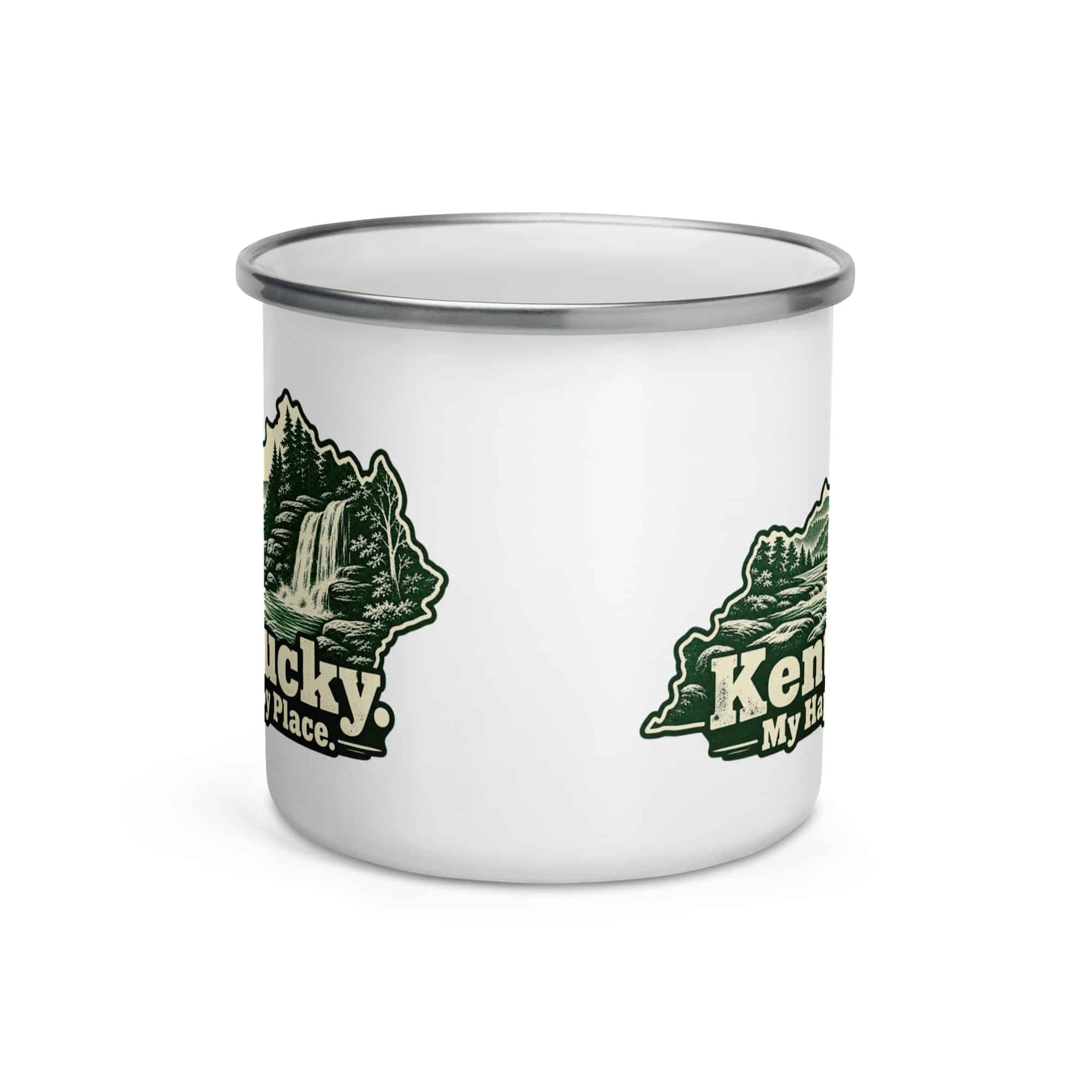 Kentucky Enamel Camp Mug: Creek and waterfall, Woodcut Kentucky Silhouette