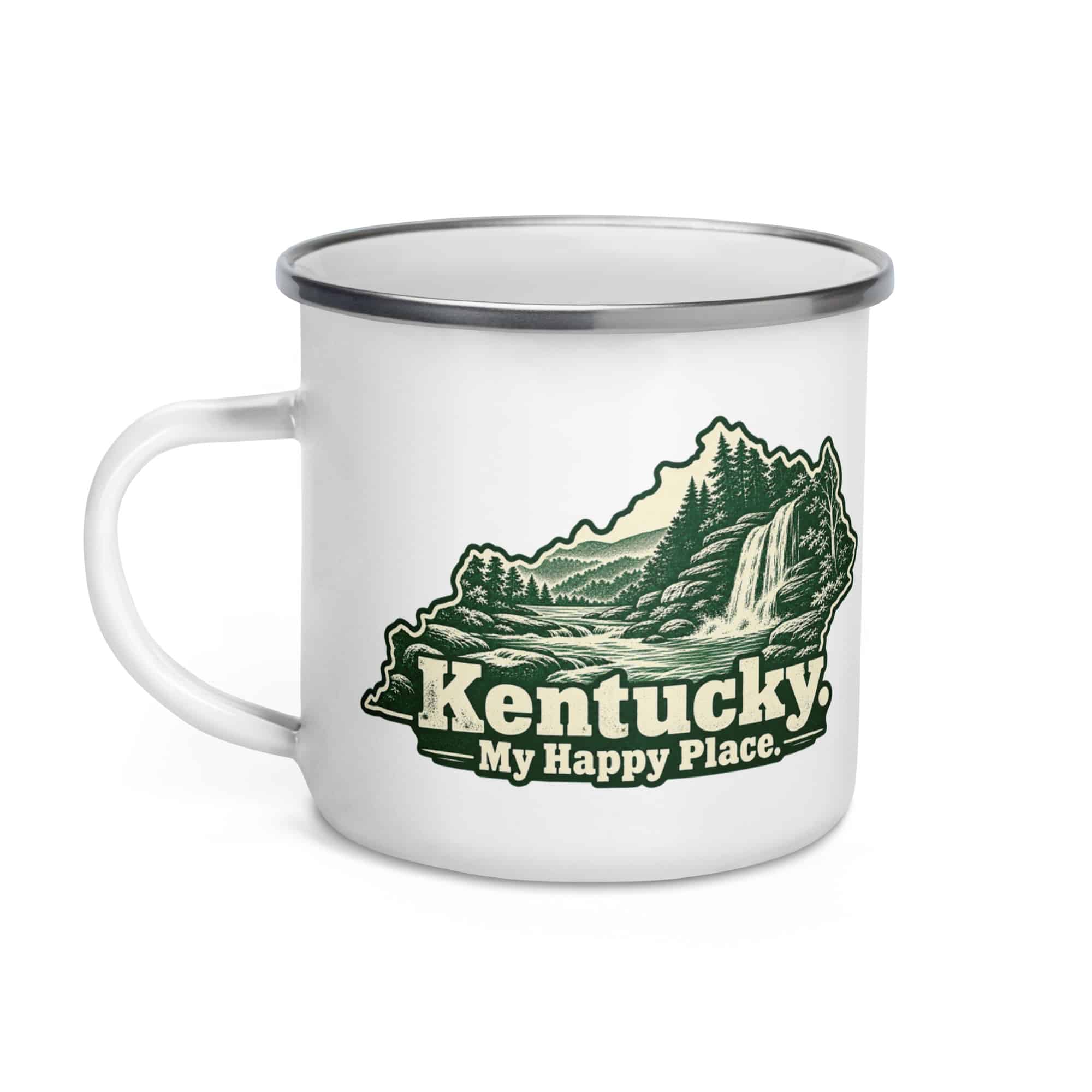 Kentucky Enamel Camp Mug: Creek and waterfall, Woodcut Kentucky Silhouette