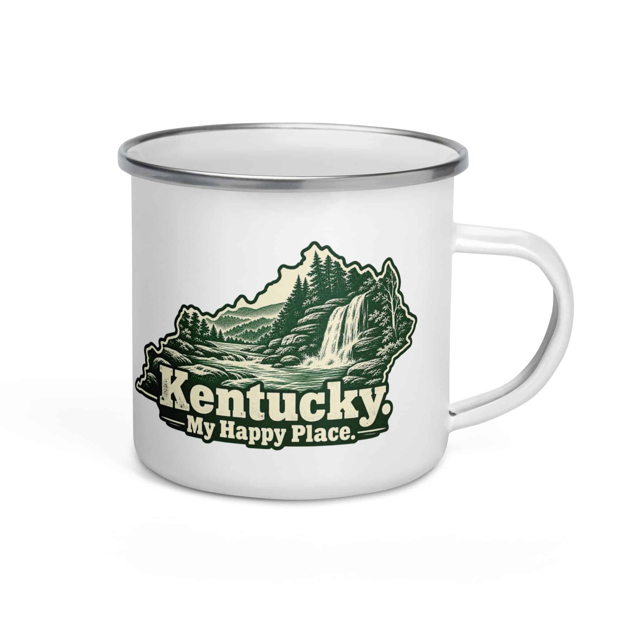 Kentucky Enamel Camp Mug: Creek and waterfall, Woodcut Kentucky Silhouette