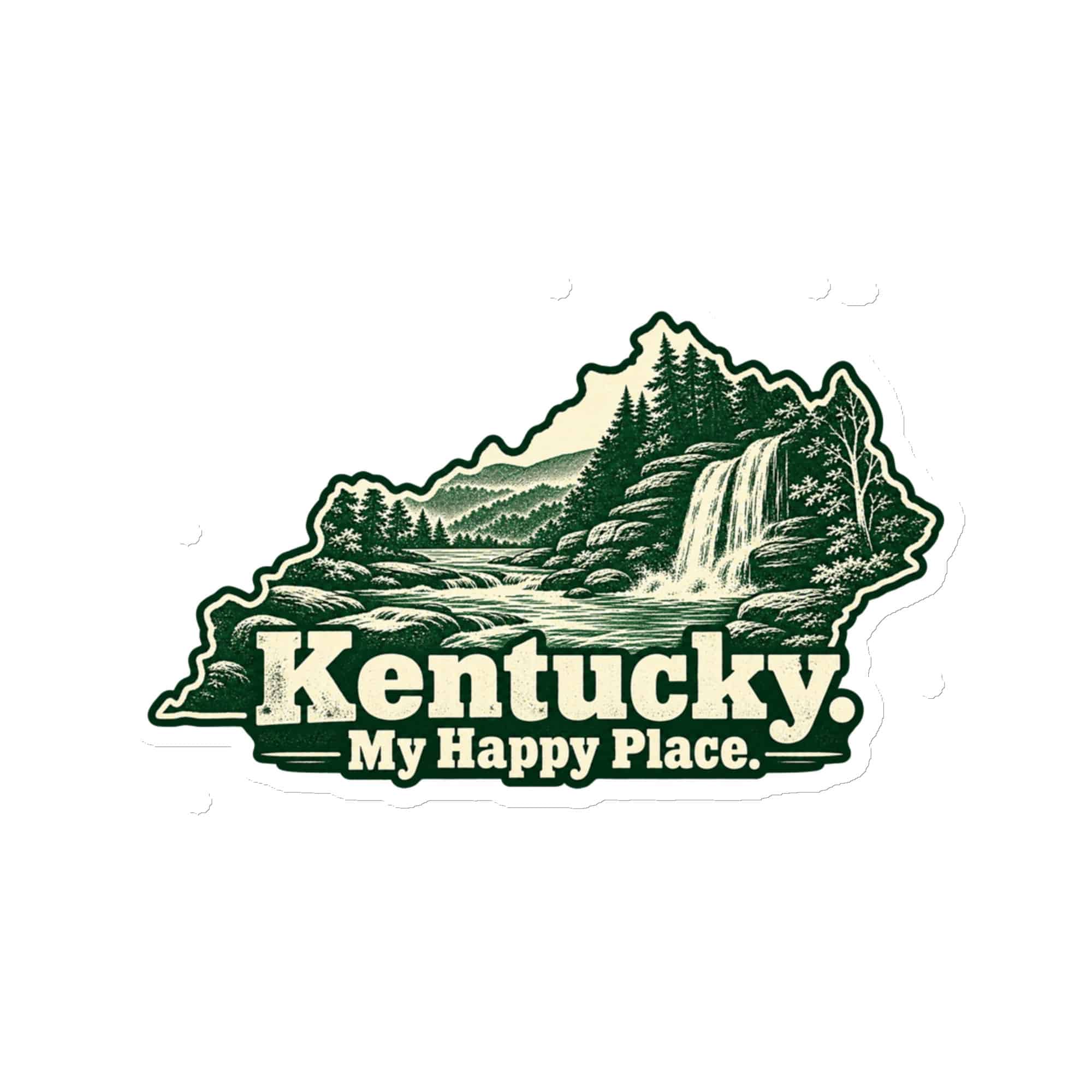 Kentucky Die-Cut Magnet: Creek and waterfall, Woodcut Kentucky Silhouette