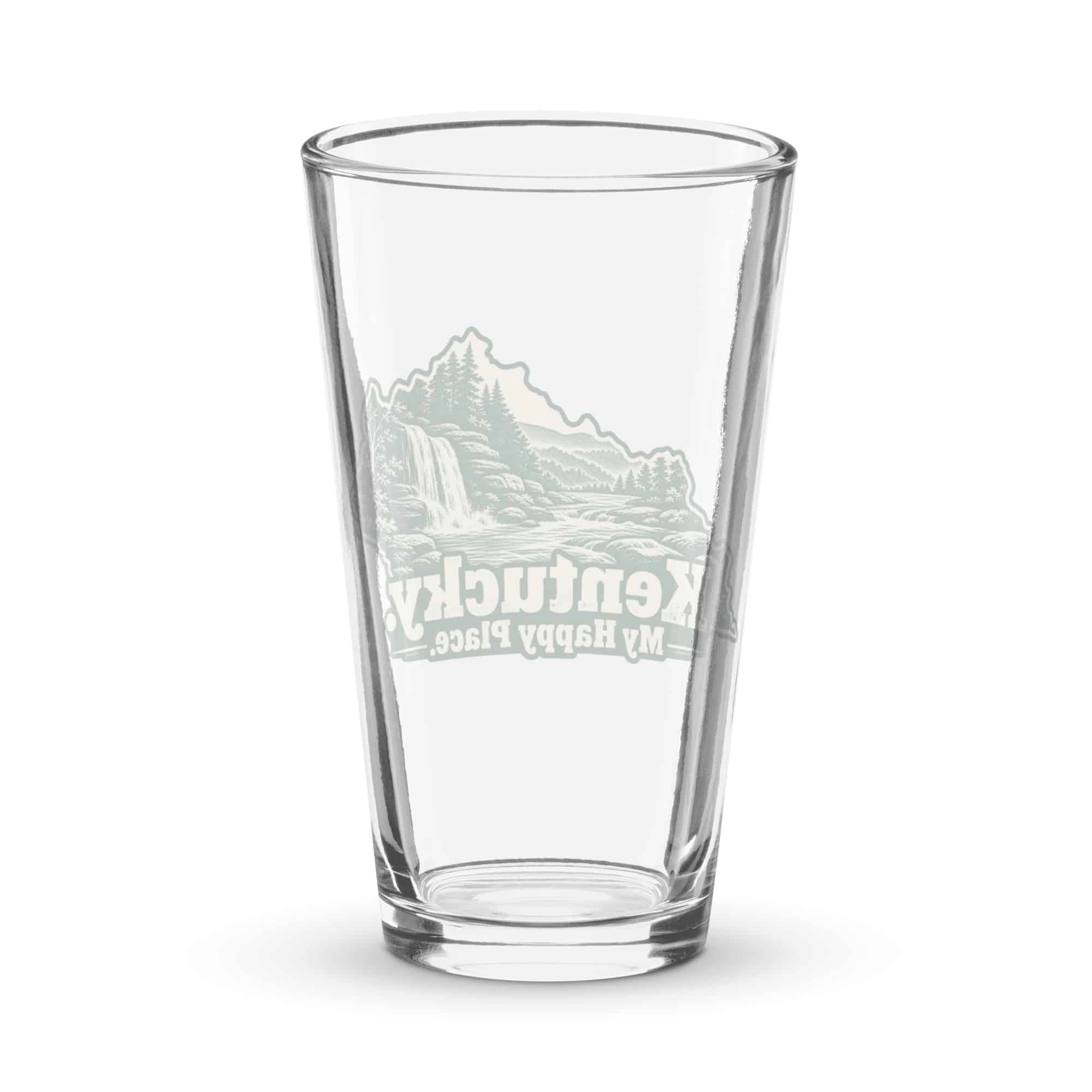 Kentucky Pint Glass: Creek and waterfall, Woodcut Kentucky Silhouette