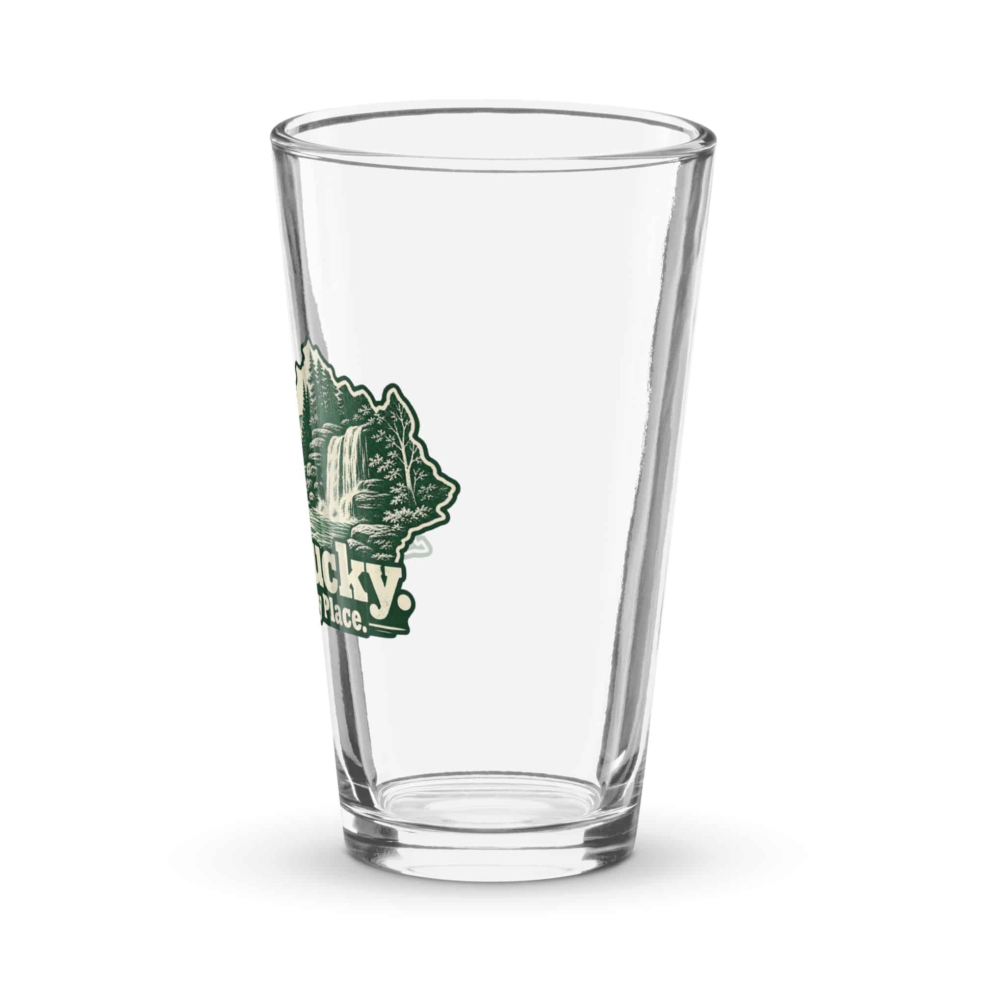 Kentucky Pint Glass: Creek and waterfall, Woodcut Kentucky Silhouette