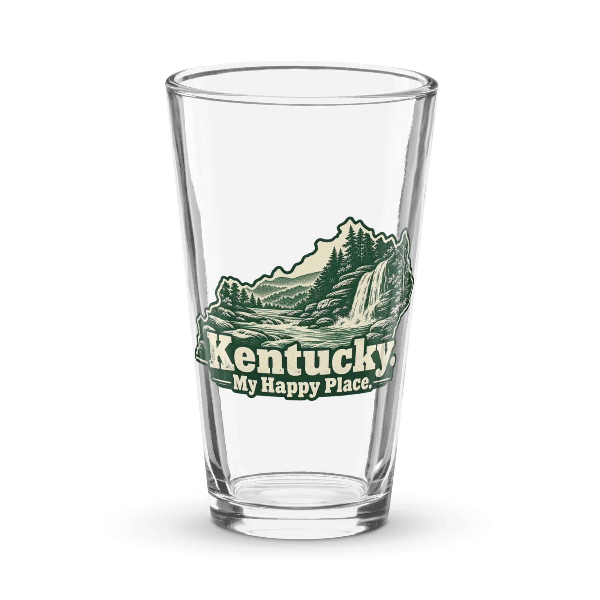 Kentucky Pint Glass: Creek and waterfall, Woodcut Kentucky Silhouette